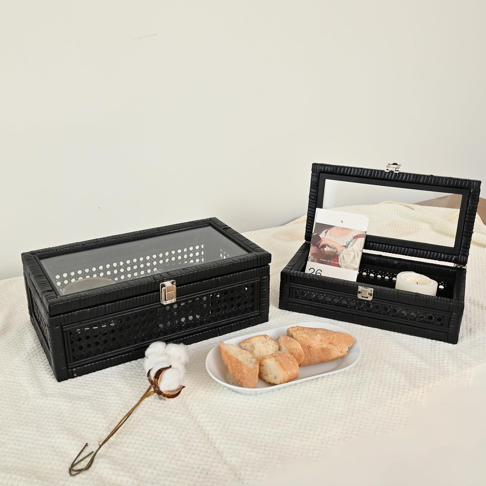 DECOR4SEASON Cane and Rattan Decorative Storage Boxes with Lids - Elegant Set of 2, Stacking Boxes with Glass Top, Handcrafted R