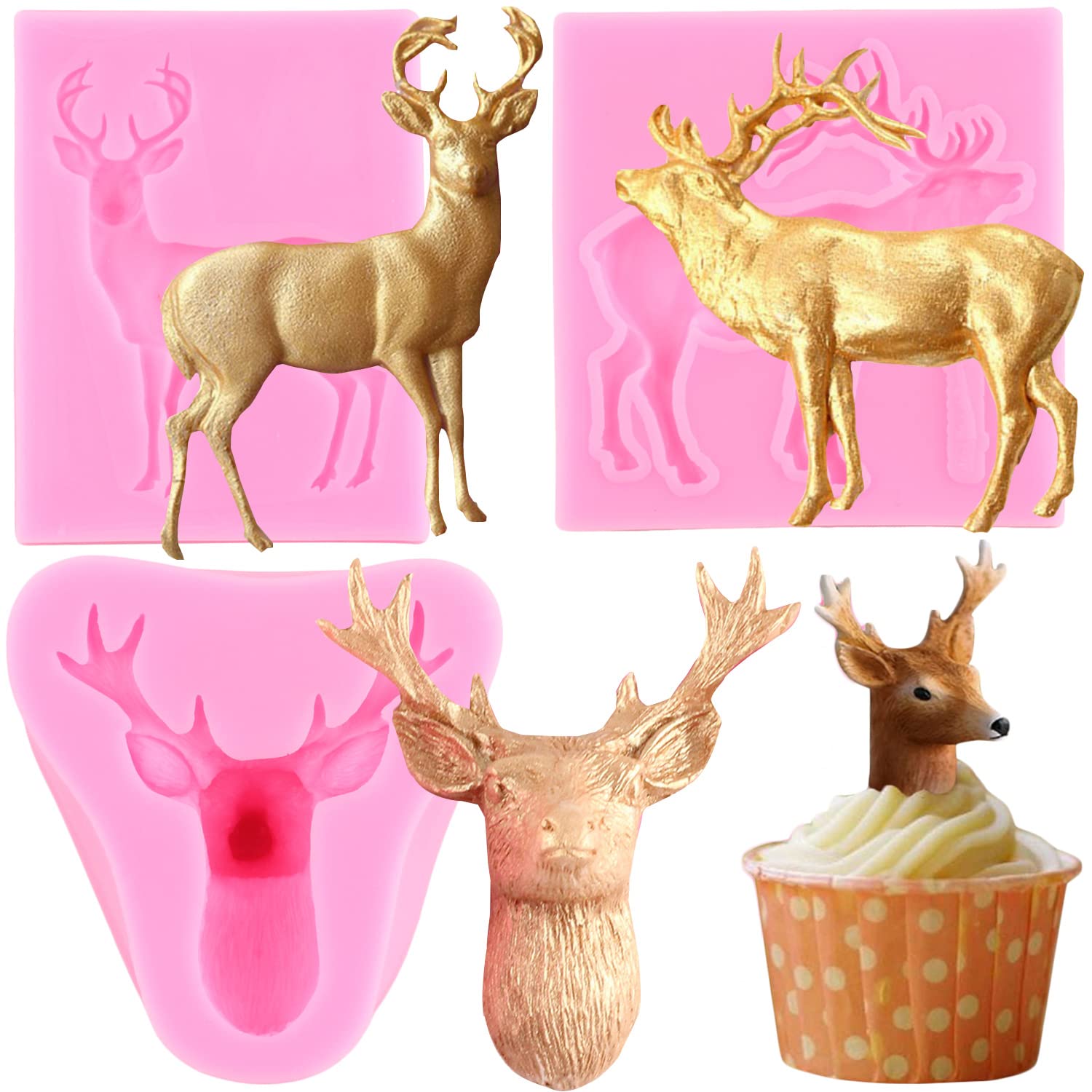 Rfghac Christmas Deer Silicone Mold 3D Stag Head Fondant Molds Elk Mold For Christmas Cake Decoration Cupcake Topper Candy Choco