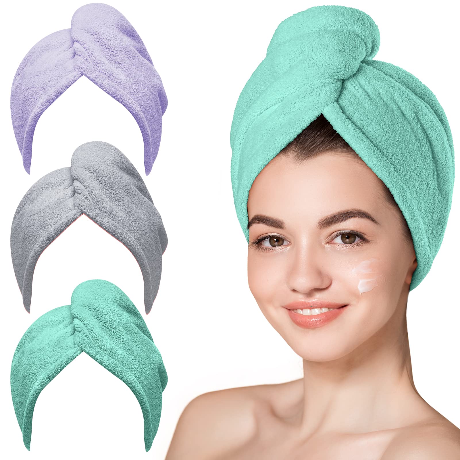 Hicober Microfiber Hair Towel, 3 Packs Hair Turbans for Wet Hair, Drying Hair Wrap Towels for Curly Hair Women Anti Frizz (Green