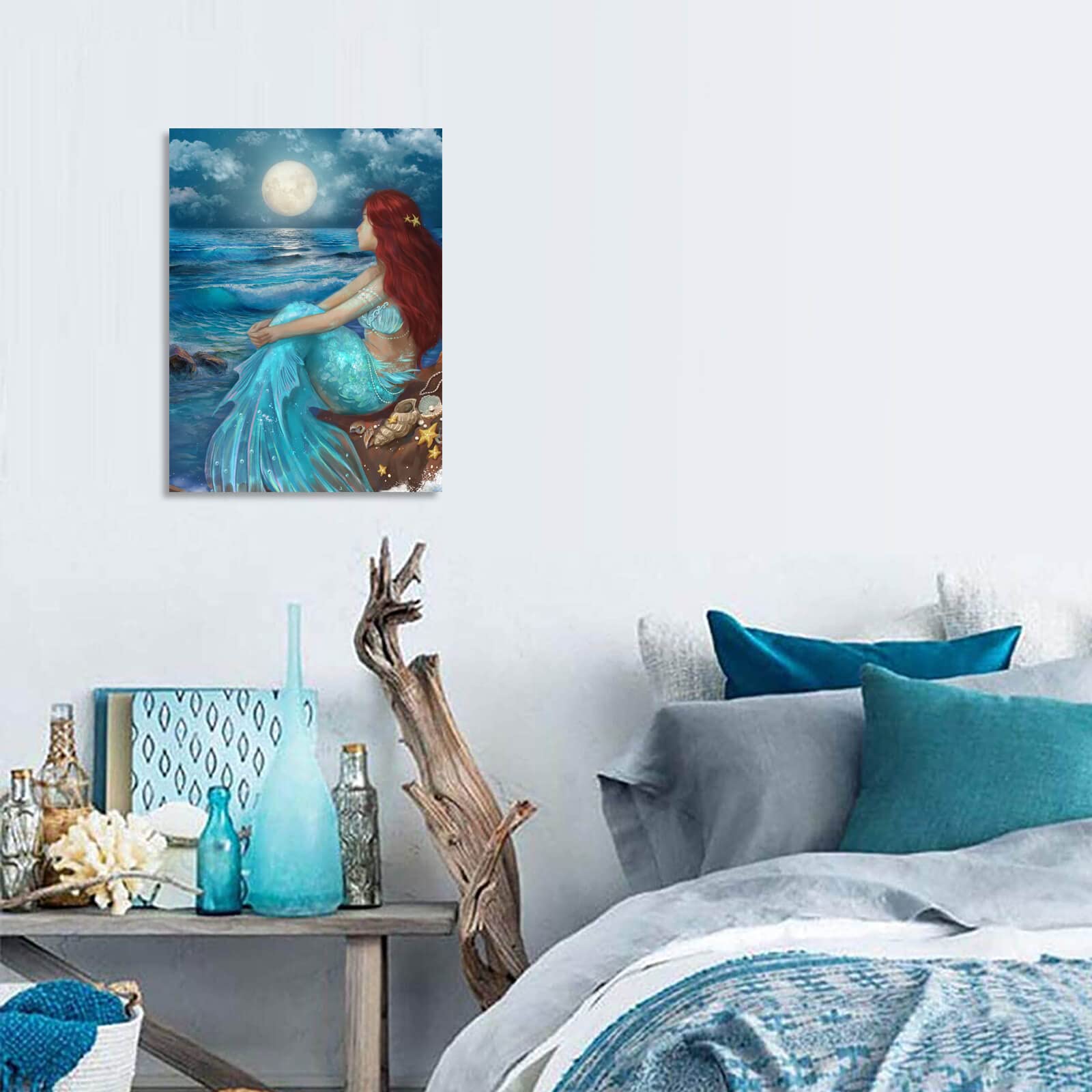 Girl Wall Decorations Blue Ocean Wall Art Bedroom Decor For Women Moon Night Wall Painting Shell Canvas Prints Size 12''X 16''
