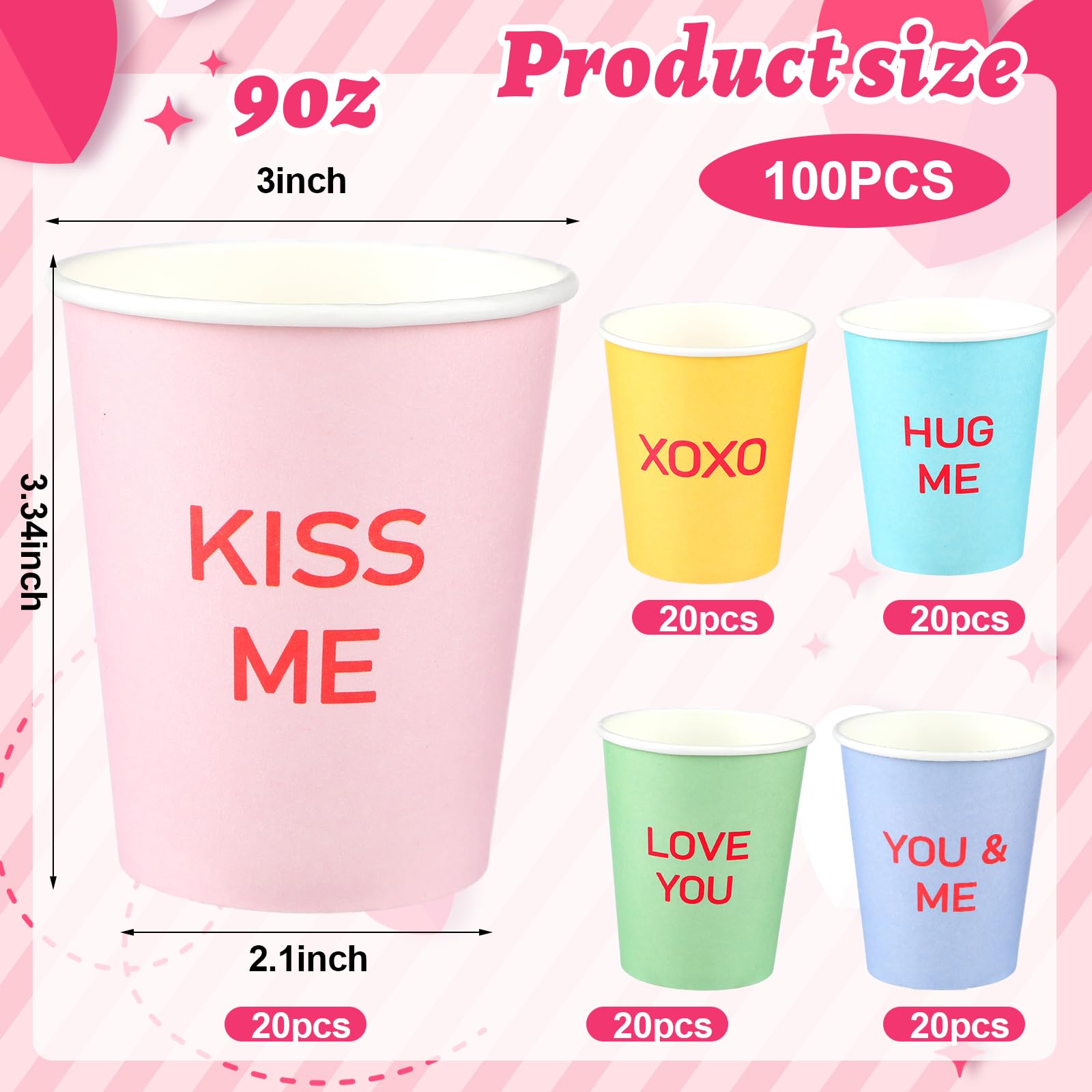Funtery 100 Pcs Valentine'S Day Disposable Cups Conversation Heart Paper Cups 9Oz Colorful Hearts Print Xoxo Love Sweet Be Mine