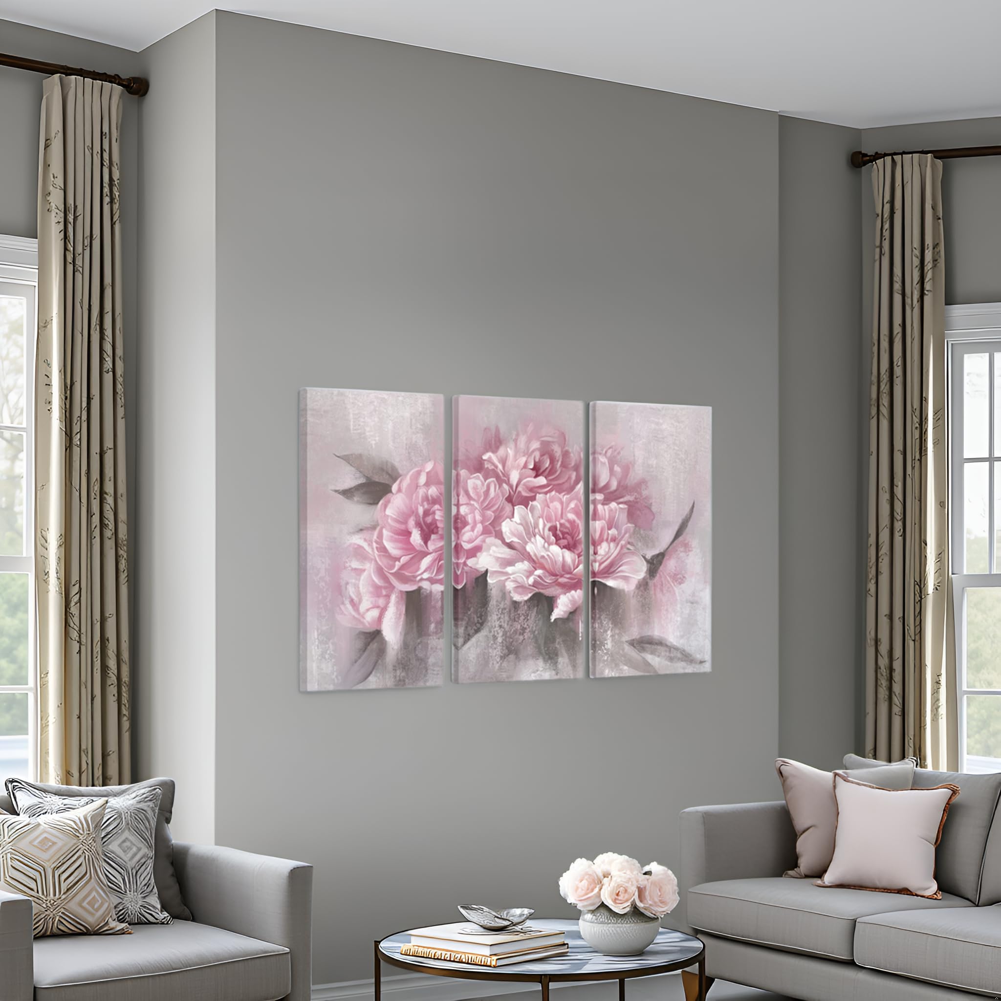 sechars 3 Piece Flower Wall Art Canvas Pink Peony Floral Painting Picture Vintage Blossom Art Prints for Living Room Girl Bedroom Decor for Living Framed Ready to Hang Each Piece 16x32inch