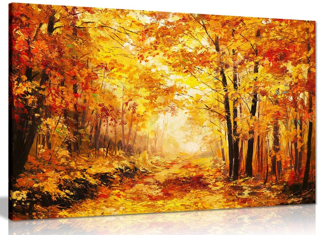 Abstract Vivid Oil Painting Colourful Orange Yellow Autumn Forest Leaves Canvas Wall Art Picture Print (24X16In)