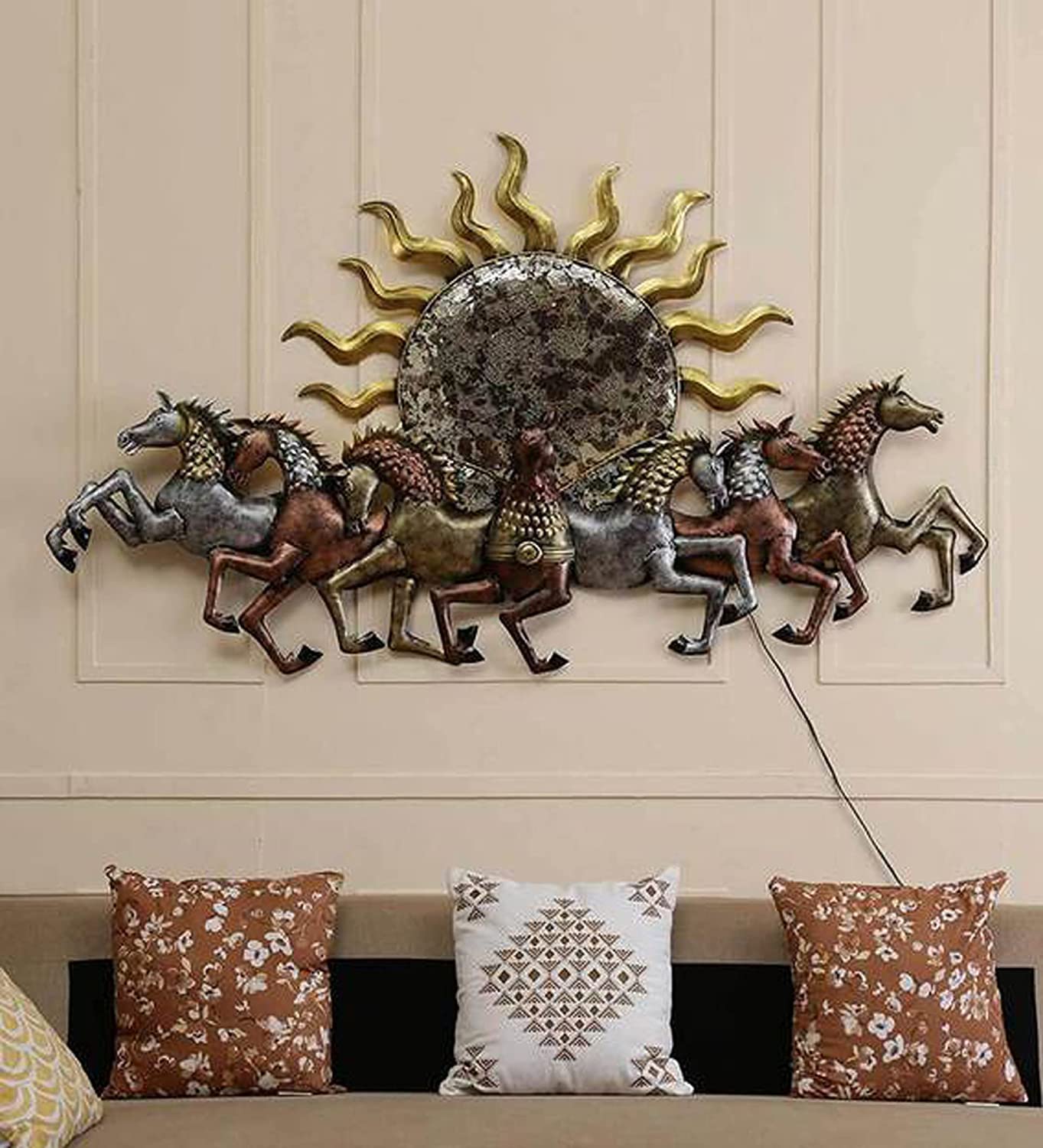 Nesfur Handmade Metal Sunrise Seven Running Hourse With Led Lights For Home Decor, Wall Decor, Diwali Gift, Corporate Gift, Vast