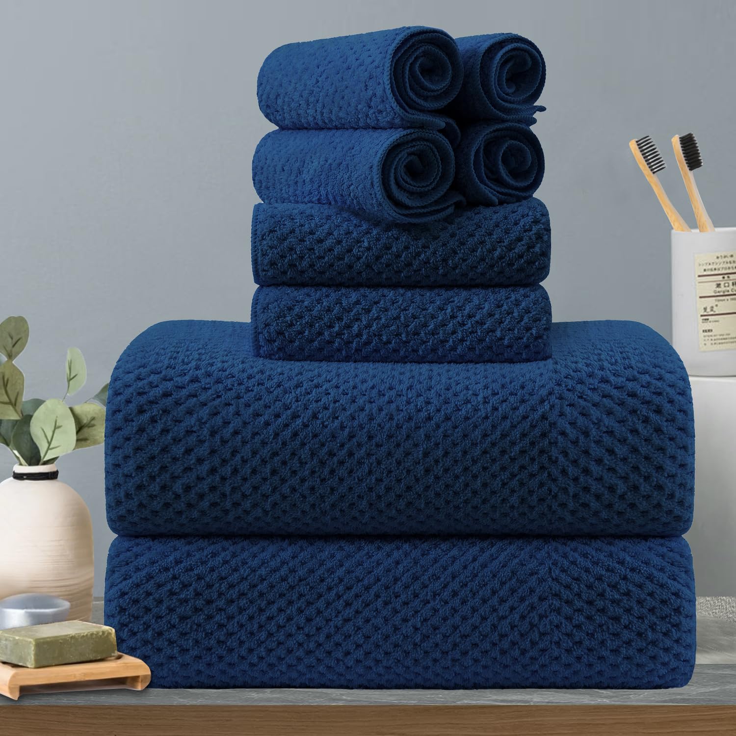 8-Piece Navy Bath Towels Set,2 Oversized Large Bath Towels Sheet,2 Hand Towels And 4 Washcloths - 600 Gsm Soft Luxury Towel Set,