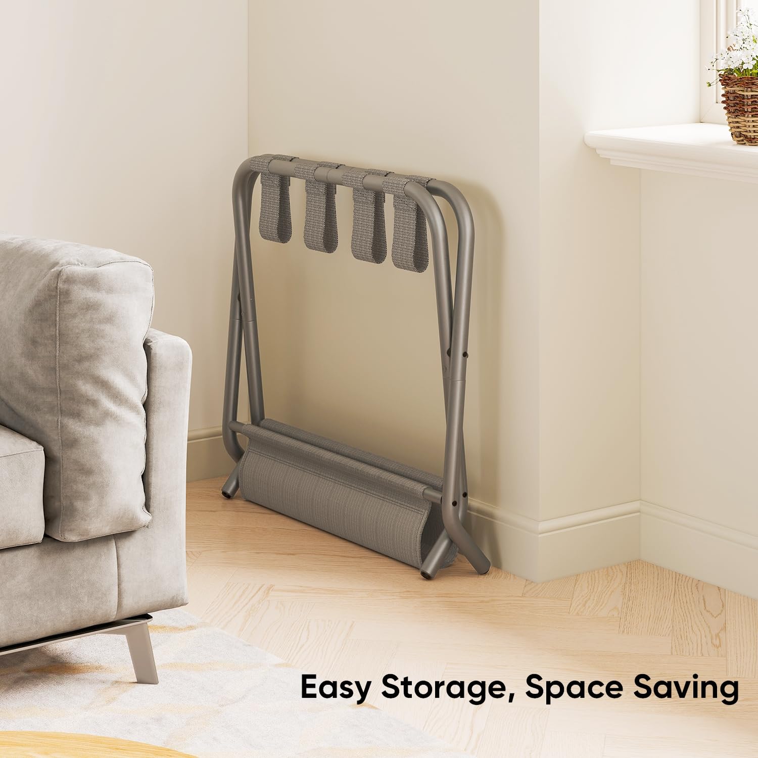 Smart Fendee Luggage Rack For Guest Room, Flat Folding Suitcase Stand With Fabric Shelf, Steel Portable Luggage Stand Bedroom, H