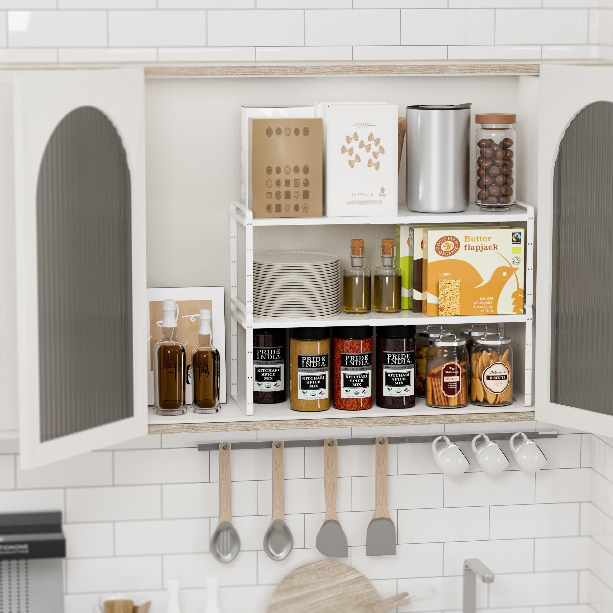 SANNO Expandable Kitchen Shelf Organizers, Large Kitchen Cupboard Organizer Stackable Counter Shelf Spice Rack Expandable Shelve