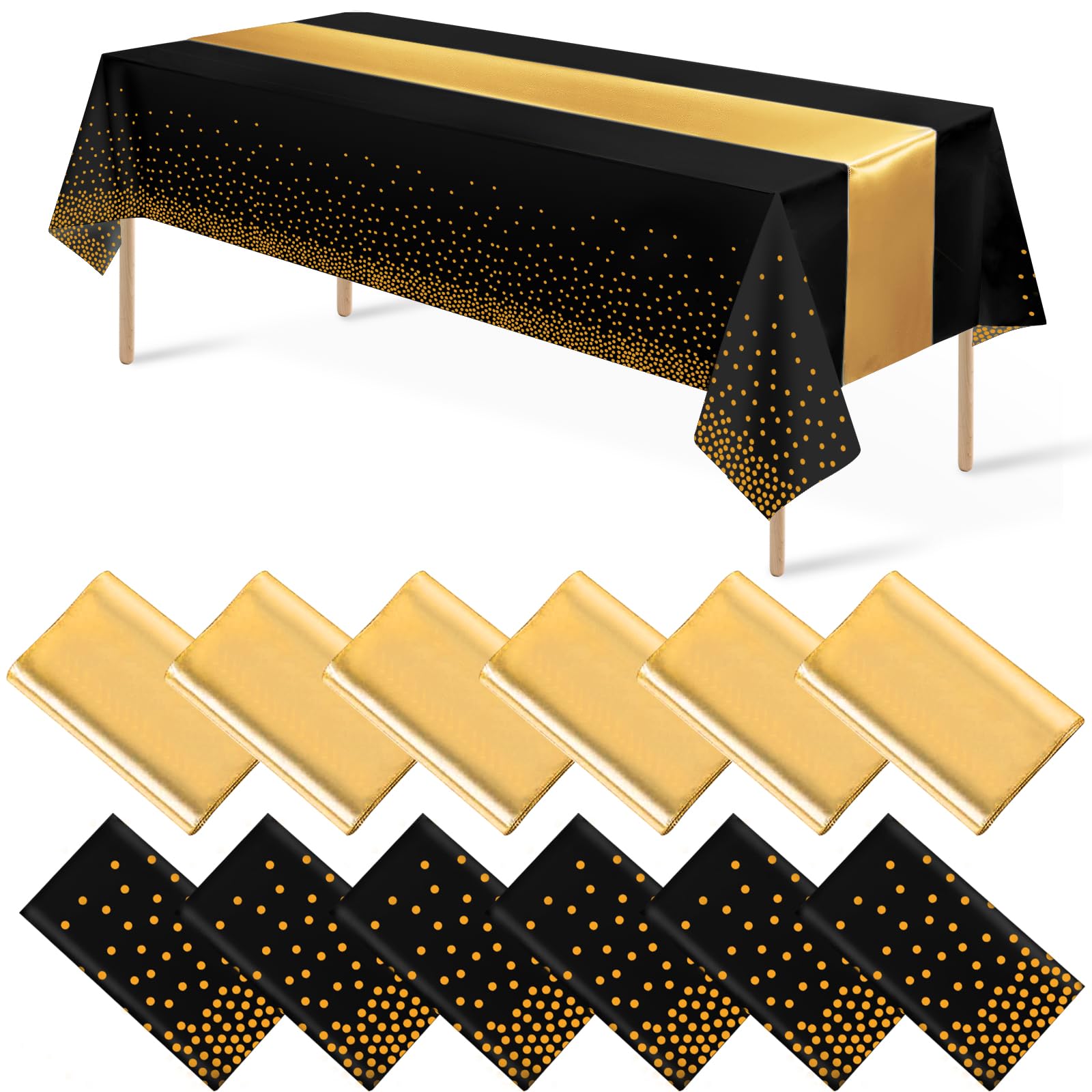 12Pack Disposable Plastic Tablecloths and Satin Table Runner Set Black and Gold Dot Tablecloth Gold Satin Table Runner for Weddi