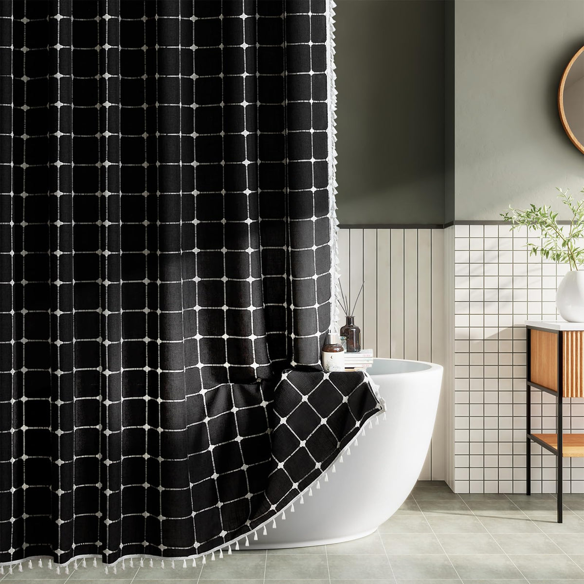 Yuanice Boho Shower Curtain Black Fabric 60 Inch Stall, Linen Heavy Duty Cloth Thick Cotton Shower Curtain Set With Tassels, Mod
