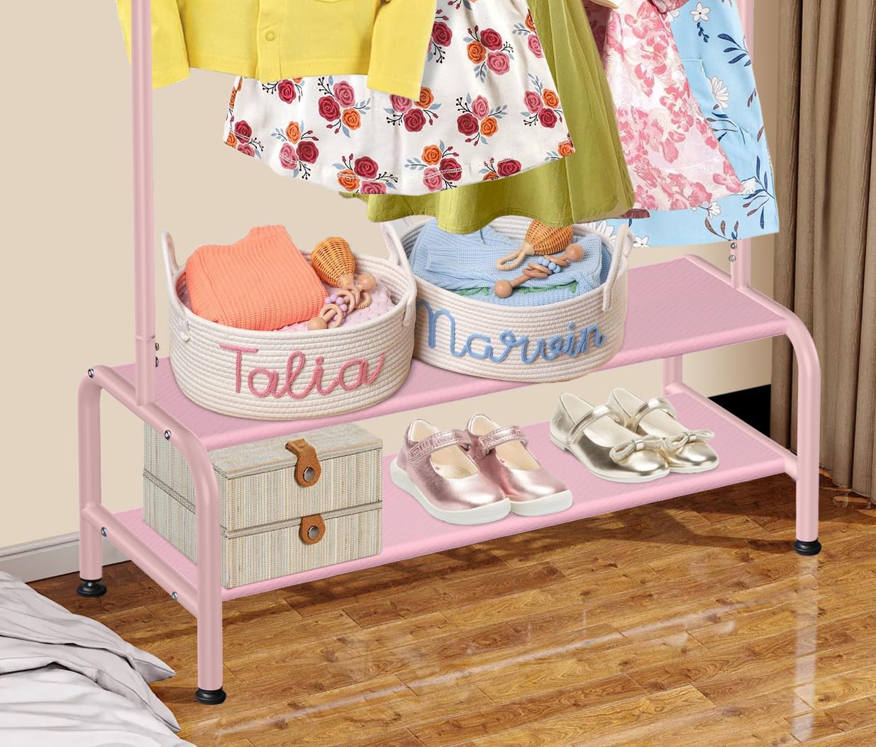 mirolam Kids Clothing Rack - Pink Dress Up Storage with 2 Fabric Shelves - Model SKR-02 - Ideal for Little Girls' Rooms