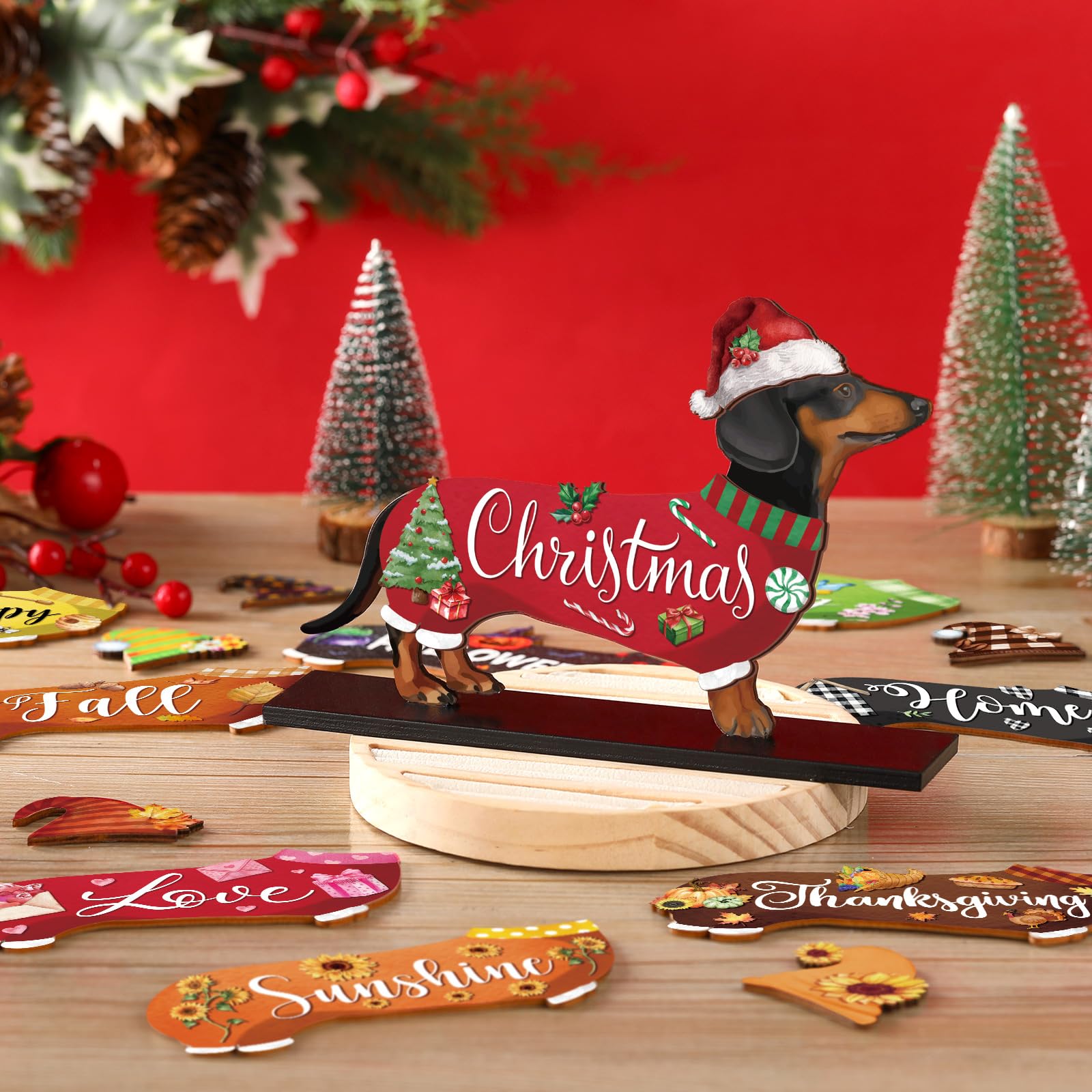 Anglechic 42 Pcs Interchangeable Christmas Dachshund Decor Holiday Seasonal Sign Wiener Dog Thanksgiving Tier Tray Decoration Fa