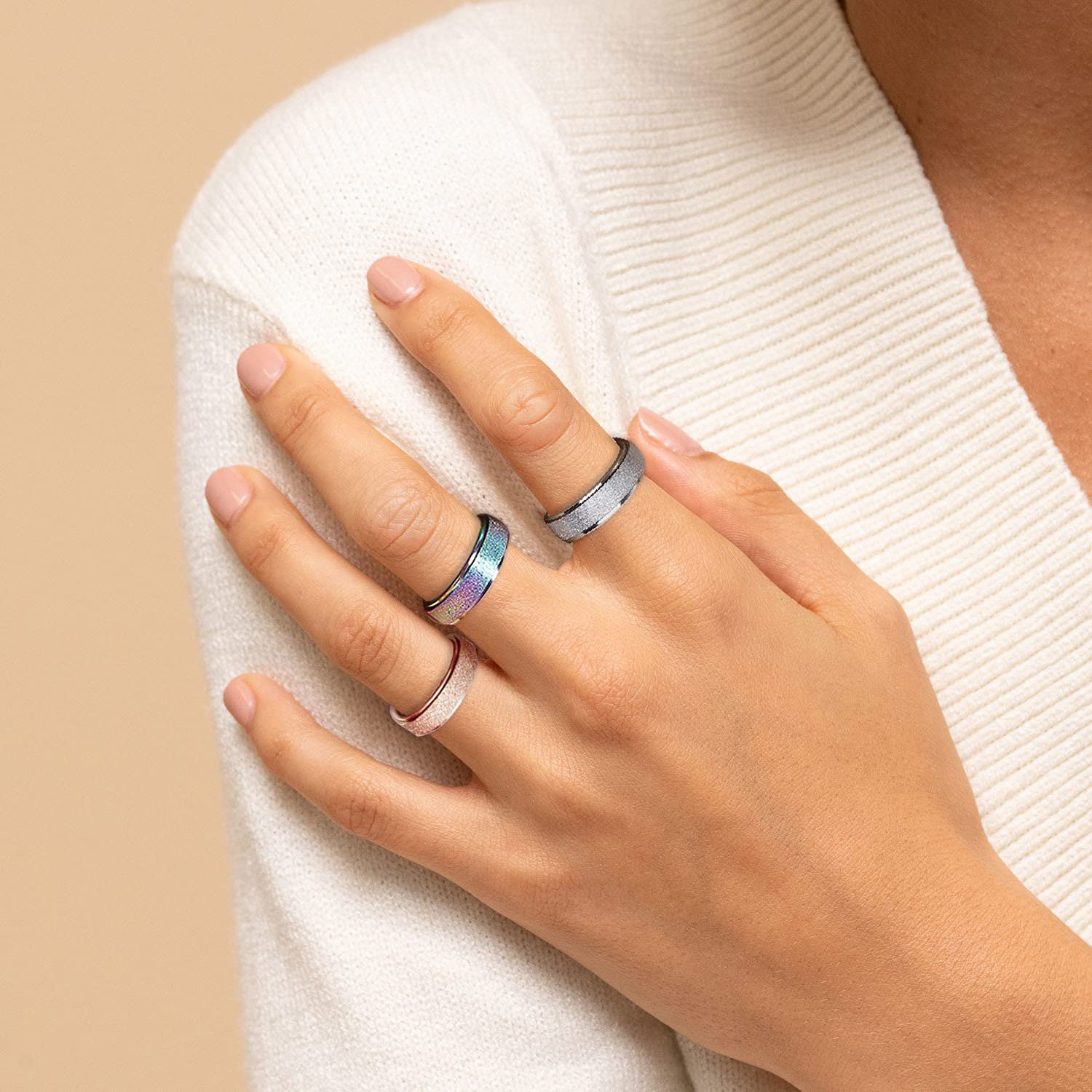 Laoyou Spinner Ring For Women Anxiety Relief - 6Mm Stainless Steel Glitter Rose Gold Silver Rainbow 3Pcs Fidget Rings Band Pack