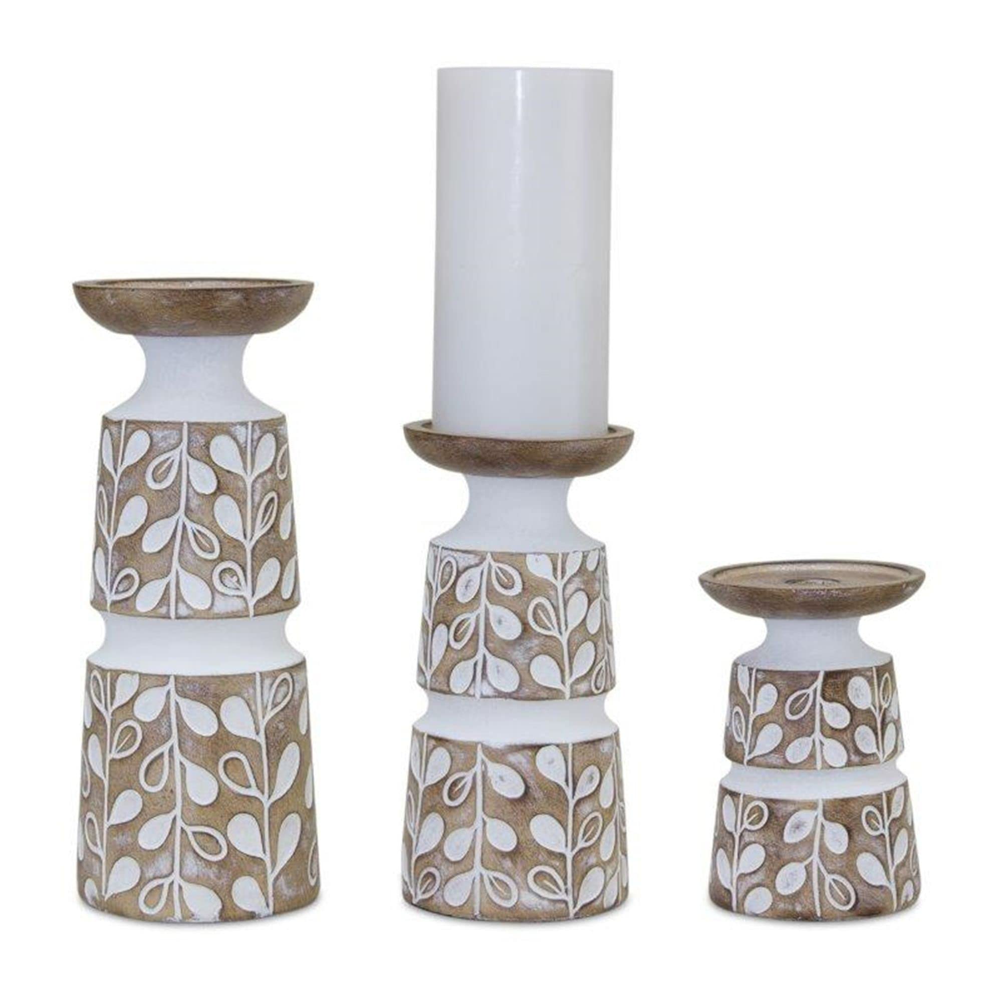 Melrose Candle Holder with Brown and White, 5.5H, 8H, 10.25H, Resin, Set of 3, Table Centerpiece, Pillar Candle Holders, Rustic 