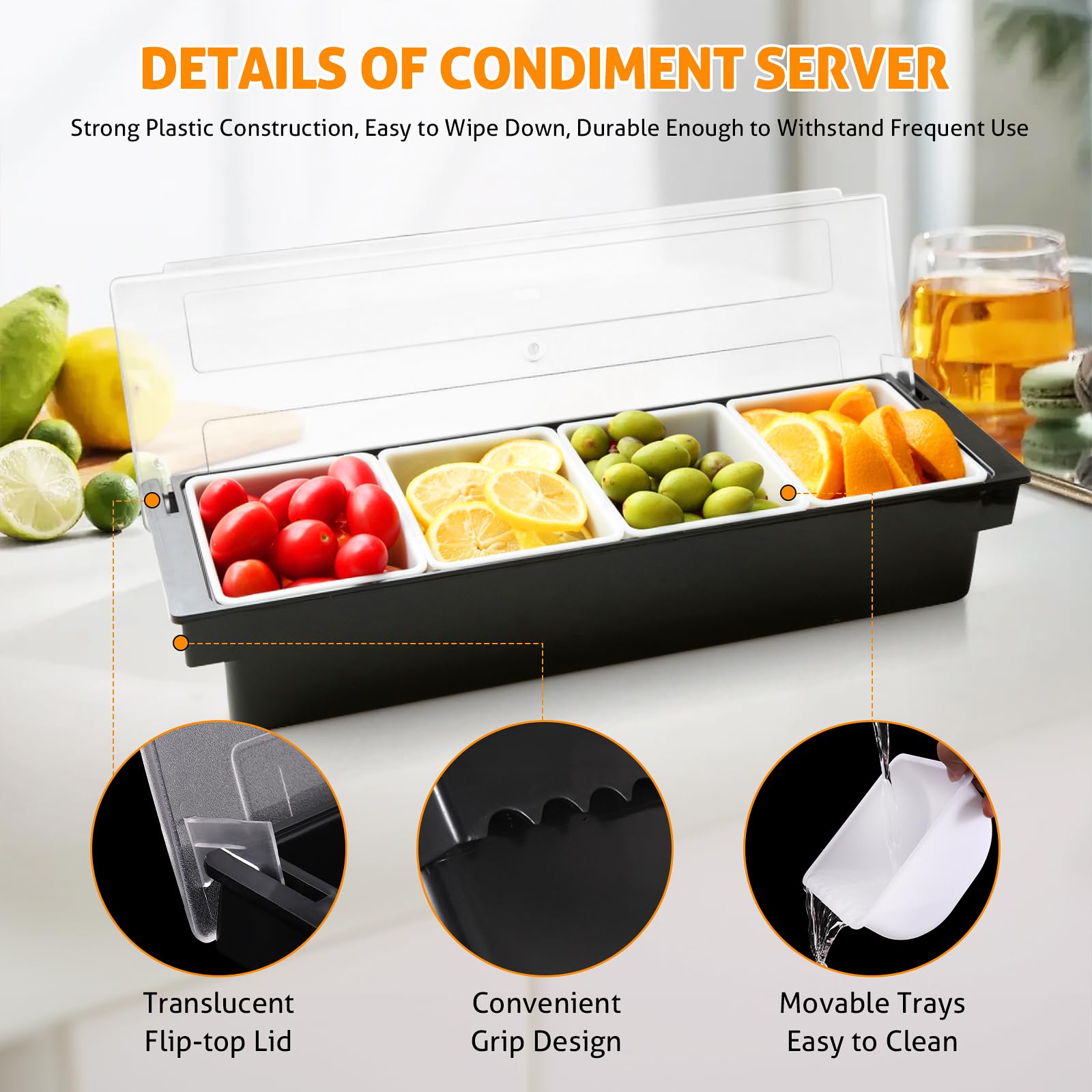 Wichemi Condiment Container With Lid Ice Chilled Condiment Server With Ice Tray Fruit, Veggie & Condiment Caddy Plastic Garnish