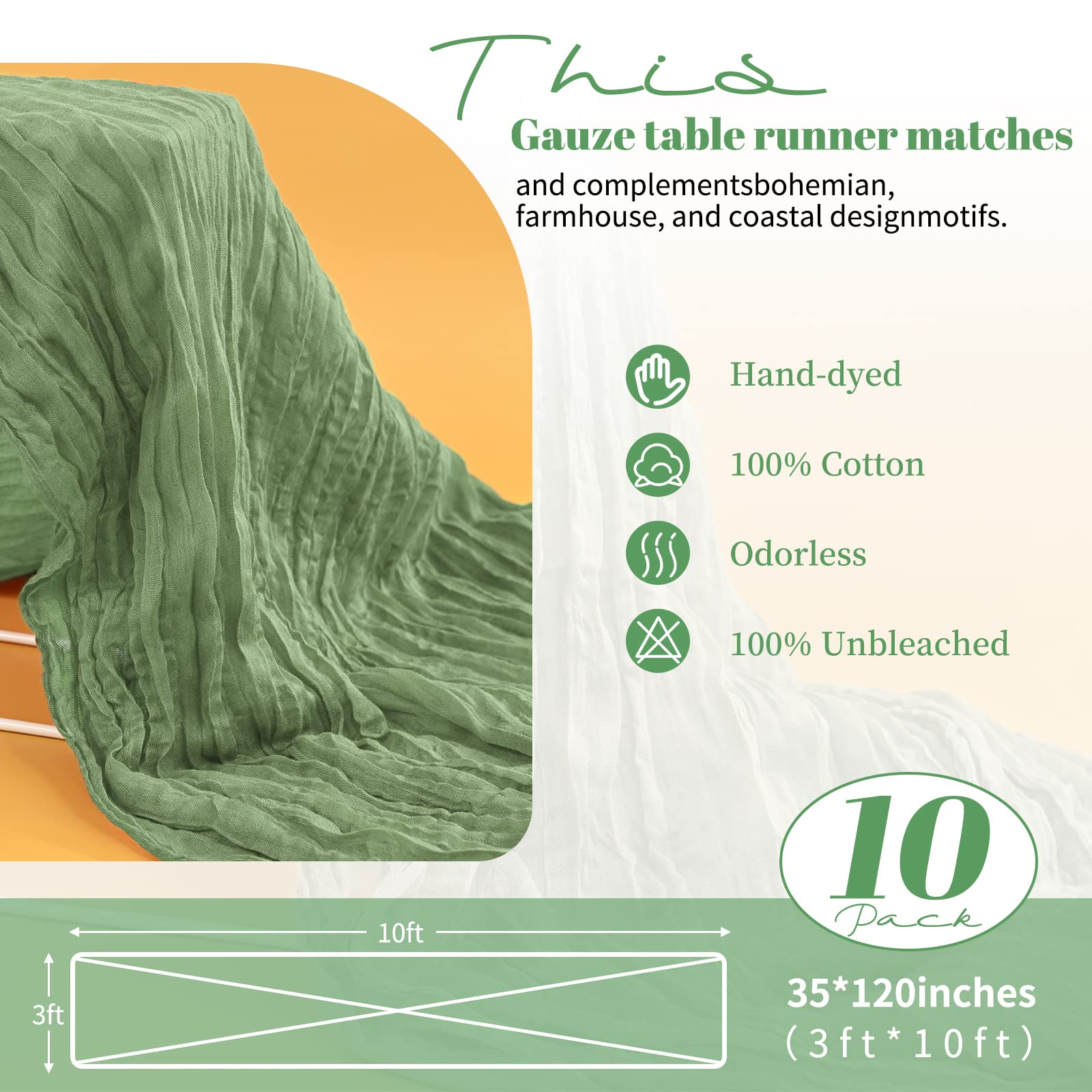10 Pack Sage Green Cheesecloth Table Runner, 10Ft Gauze Table Runner Cheesecloth Fabric Semi-Sheer Table Runner Boho Rustic Tabl