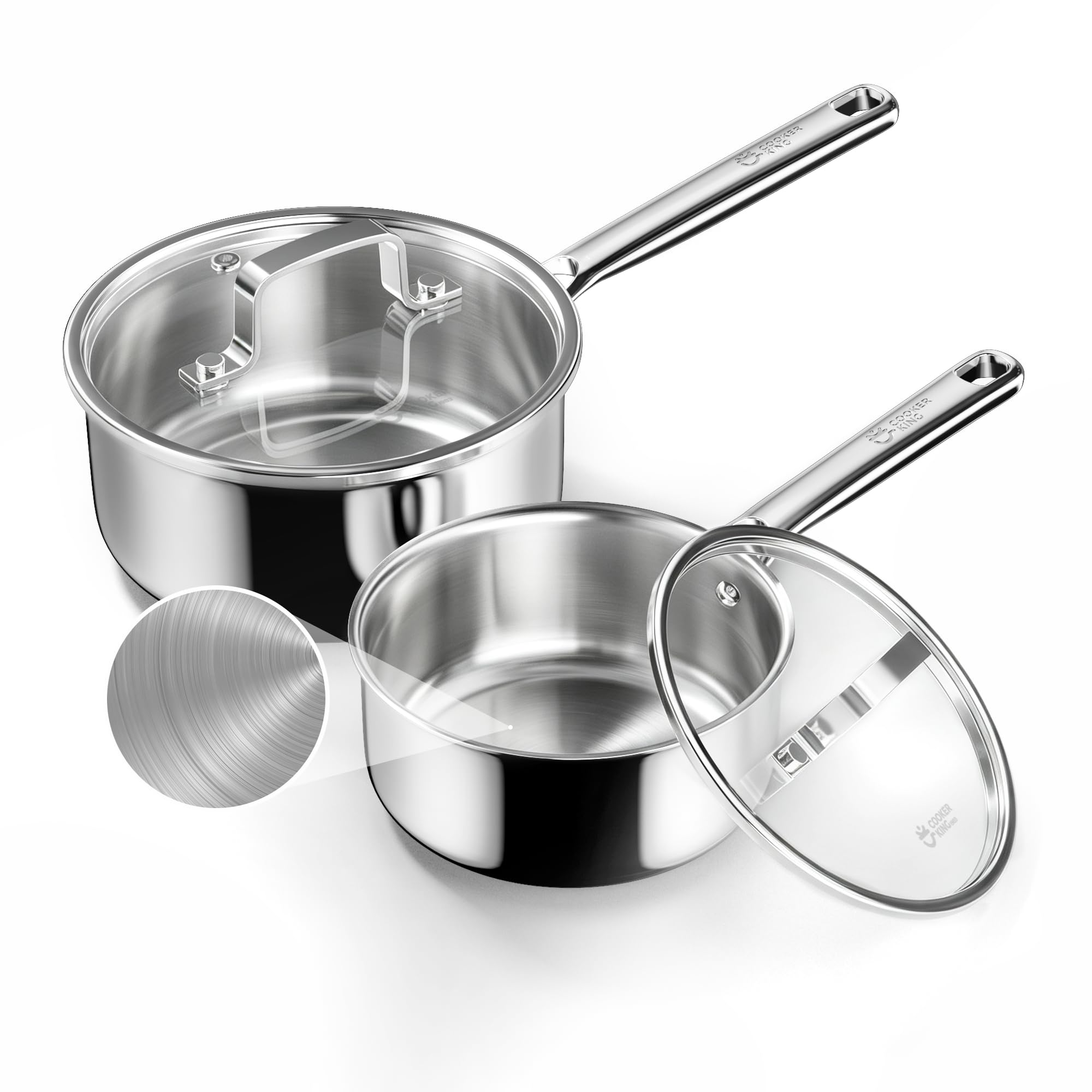 COOKER KING Sauce Pan Set, 1.5 QT & 2 QT Saucepan with Lid, Metal Utensils Safe, No Coating (PFAS/PFOA/PTFE Free), DishwasherFr