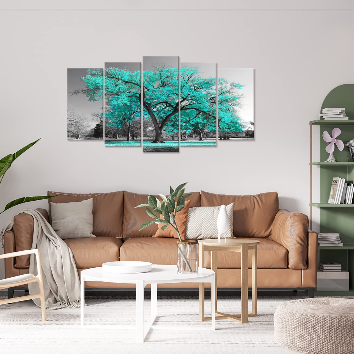Visual Art Decor Large 5 Pieces Teal Tree Canvas Wall Art Turquoise And Grey Tree Blossom Picture Artwork Nature Wall Decoration
