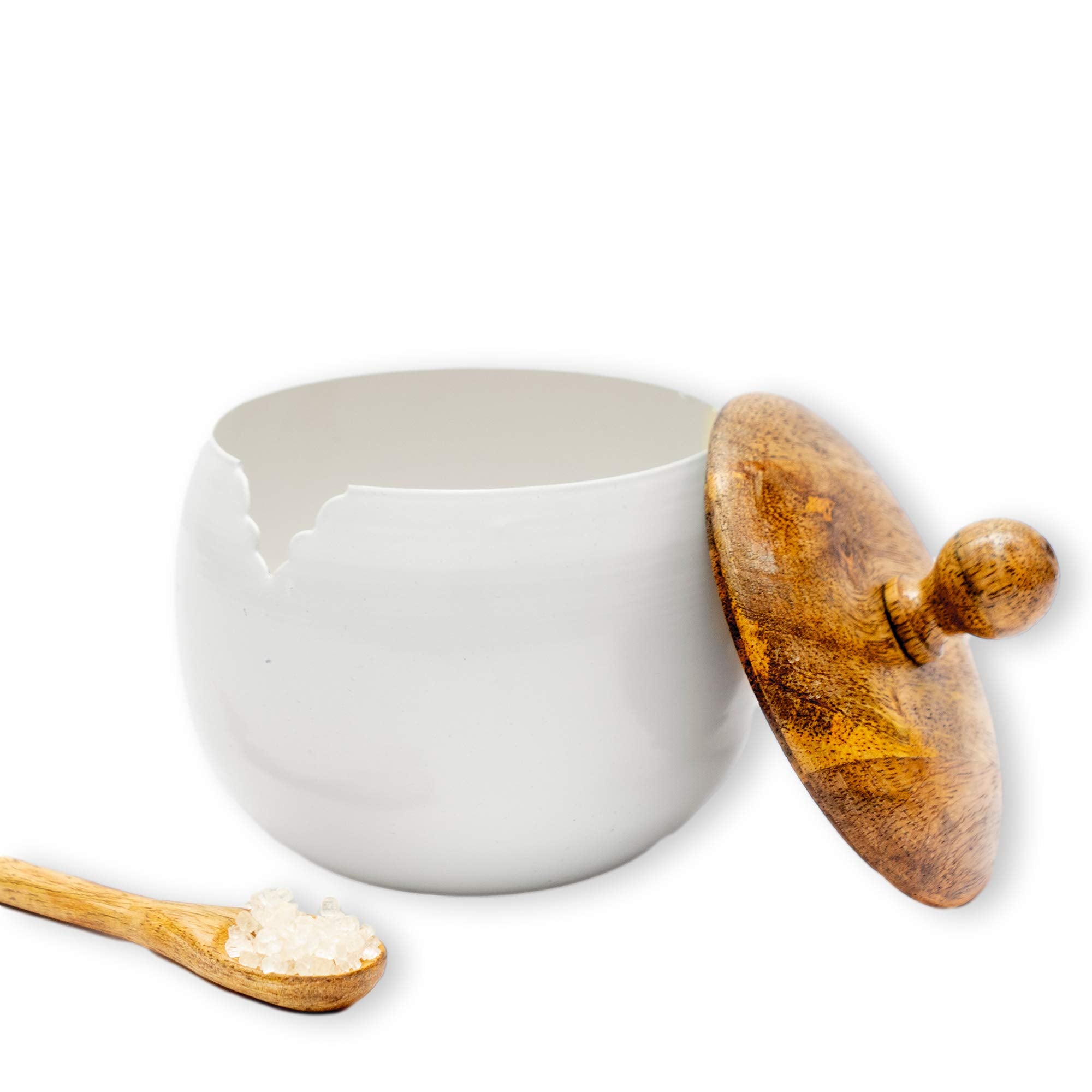 GoCraft Sugar Bowl with Wooden Lid and Spoon for Home and Kitchen  Drum Shape (Shiny White Finish)