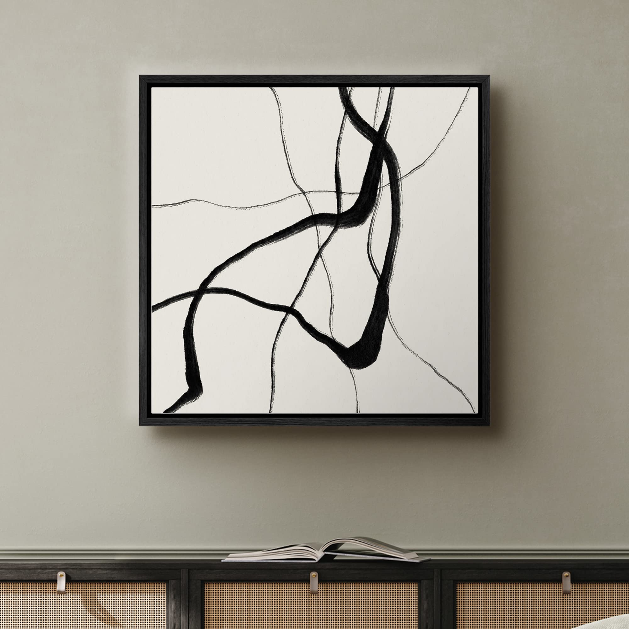 Signwin Framed Canvas Print Wall Art Black Paint Stroke Ribbon Collage Abstract Shapes Illustrations Modern Art Decorative Conte