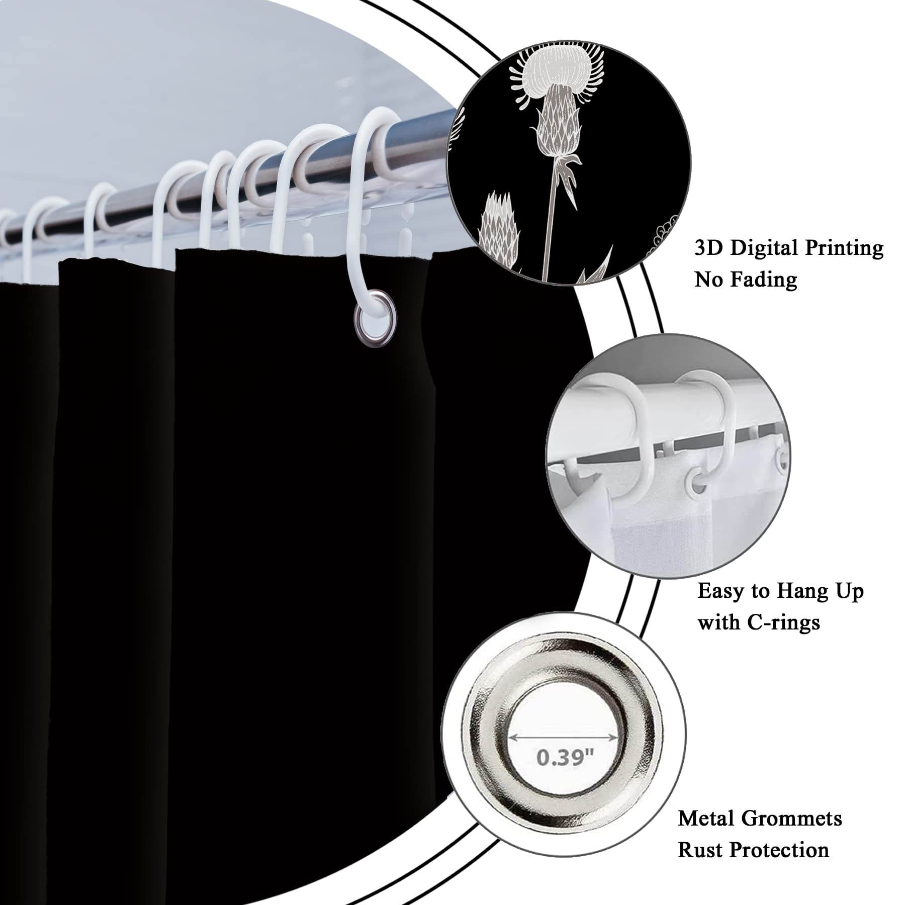 Riyidecor Wild Floral Wildflower Shower Curtain Botanical Herbs Black Plant Nature Blossom Flower Leaf Sketch Waterproof Fabric 72Wx72H Inch Polyester Bathroom Bathtub Decoration 12 Pack Plastic Hooks