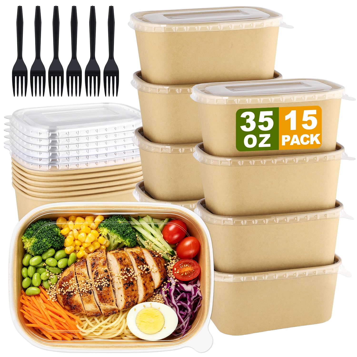 Exsmile 15 Pack 35 OZ Disposable Paper Food Containers with Lids and Forks