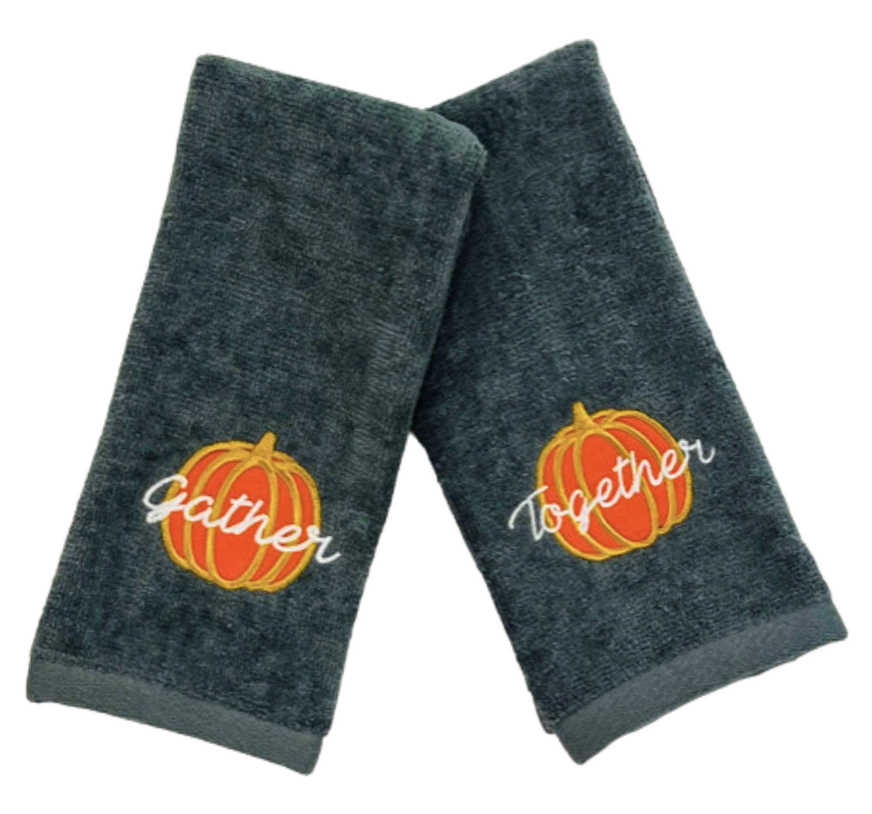 Serafina Home Decorative Fall Decor Fingertip Towels: Embroidered Gather Together Pumpkin On Plush Grey, 2 Piece Set, 11'' X 18'