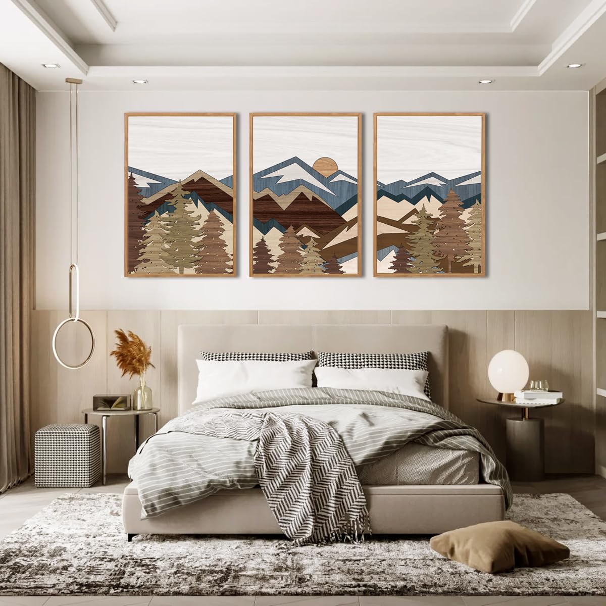 Bincue Large Boho Mountain Canvas Framed Wall Art Set Of 3 Forest Mountain Sun Wall Decor Boho Artwork For Living Room Bedroom O