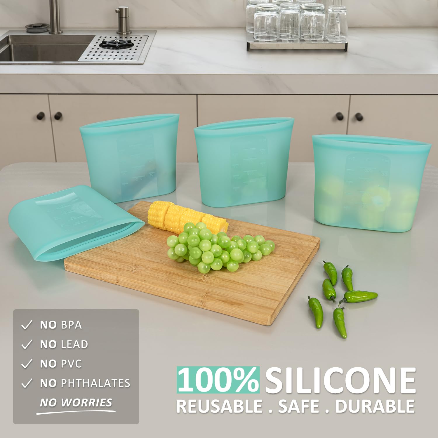 Annaklin Reusable Freezer Bags Quart Size, 4 Pack, 100% Silicone Stand Up Ziplock Reusable Silicone Food Storage Bags Sandwich B