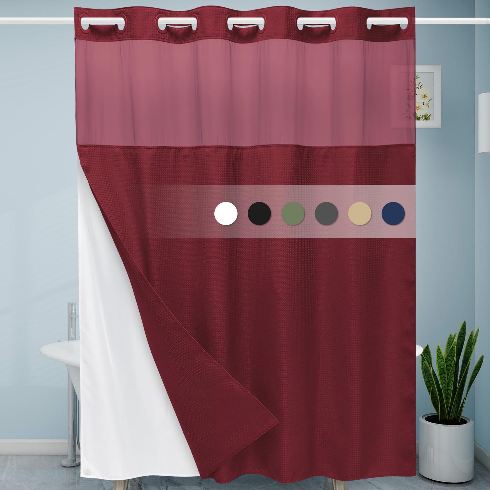 Eutxl Burgundy No Hook Shower Curtain With Snap In Liner,230Gsm Waffle Weave Shower Curtains For Bathroom,71W X 74H