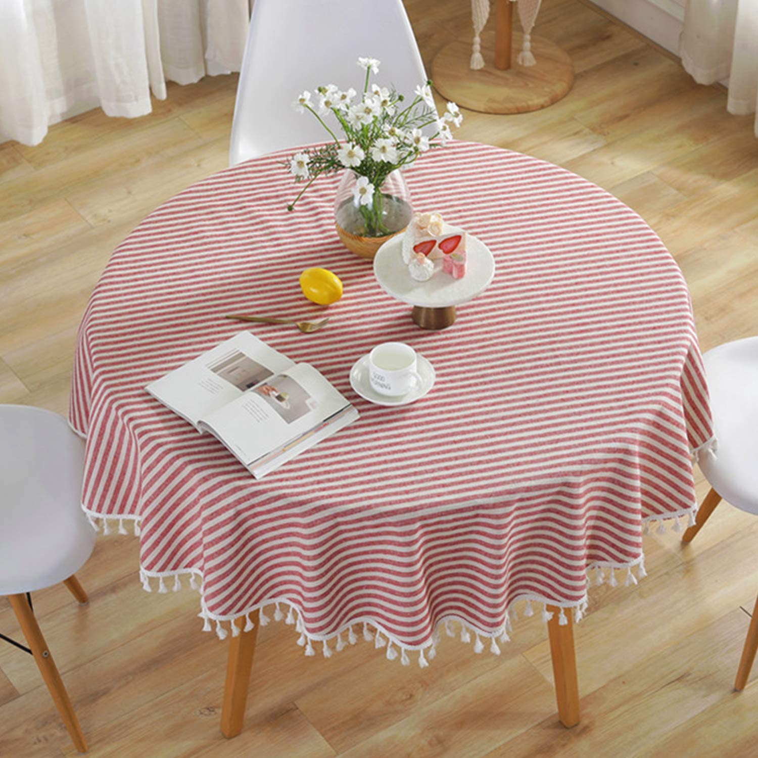 Meioro Round Tablecloth Stripe Tassel Table Cloth Cotton Linen Dust-Proof Table Cover For Dining Circle Coffee Side End Card Tab