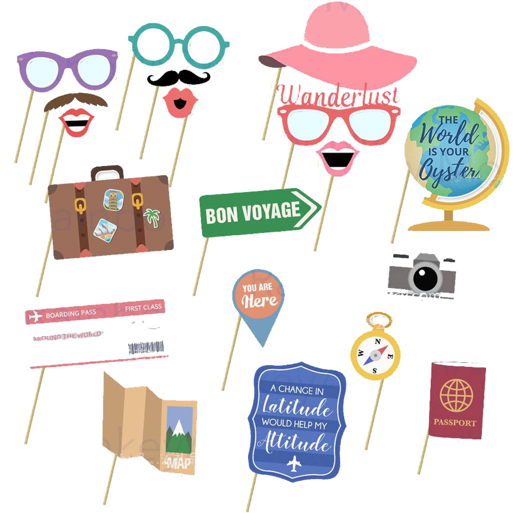 CPTBAG 18PCS Travel Photo Booth Props Let The Adventure Begin Selfie Props Bon Voyage Retirement Farewell Party World Awaits Bir