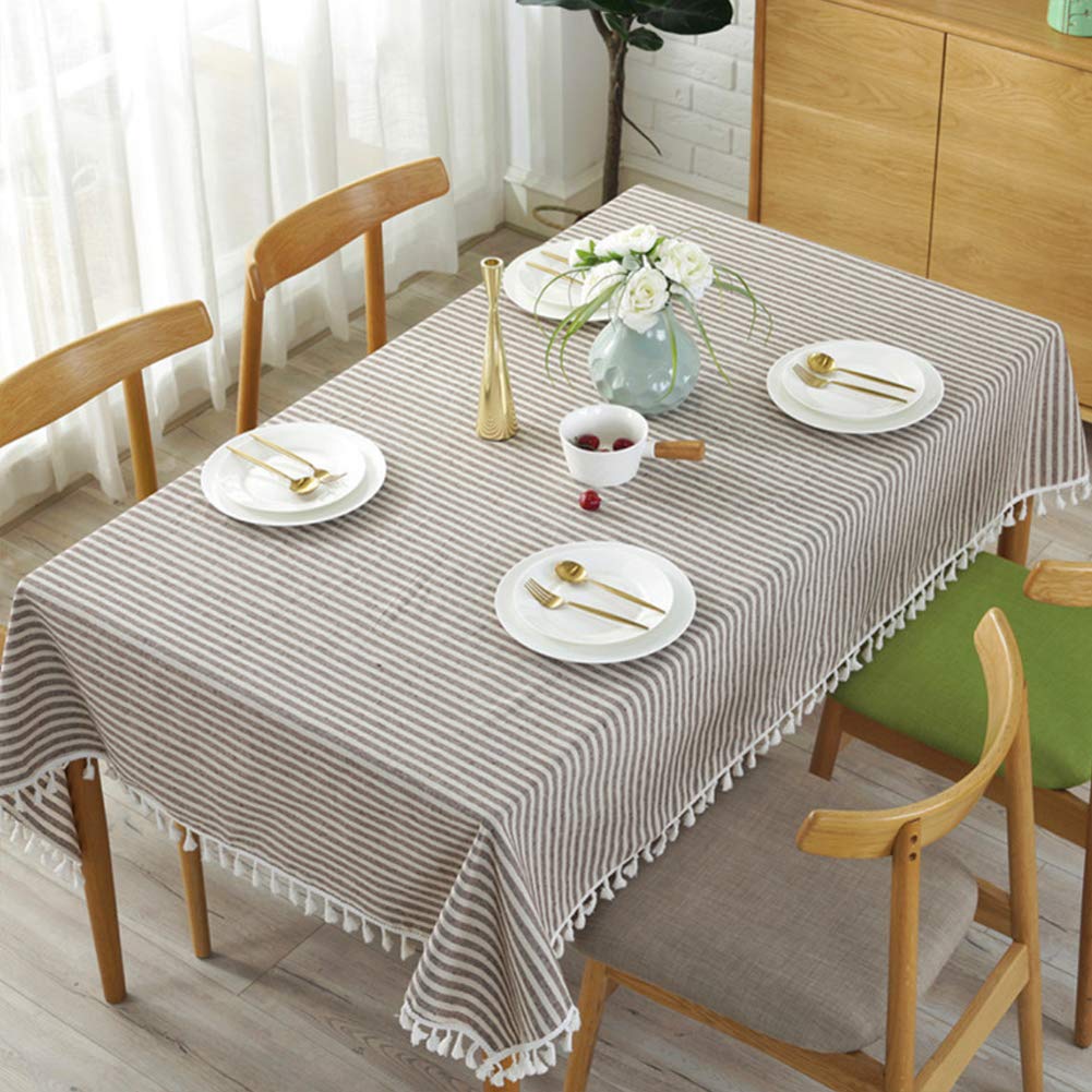 Meioro Table Cloth Coffee Brown Striped Tablecloth Tassels Cotton Linen Dust-Proof Table Cover For Dining Coffee Buffet Kitchen