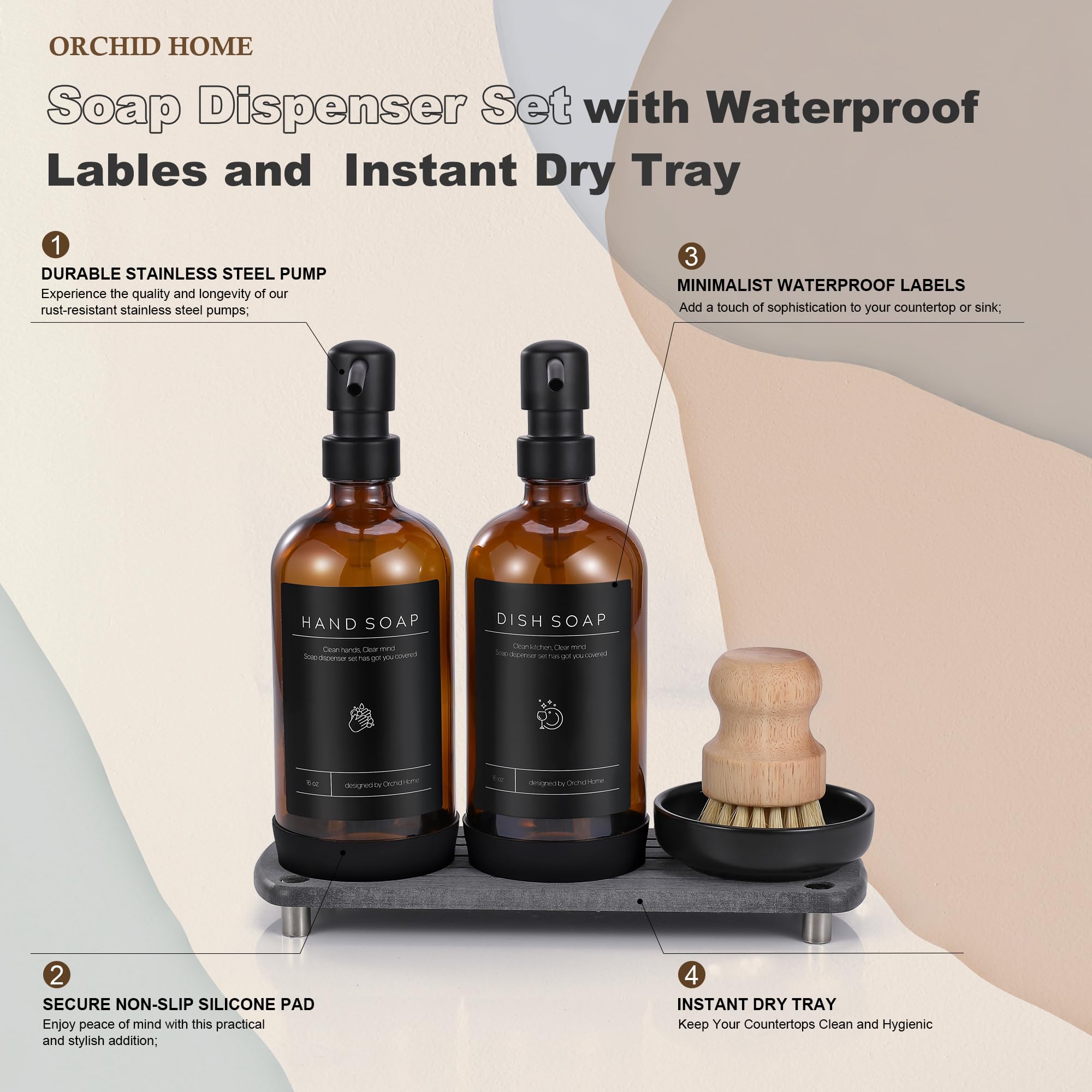 [Luxury] Kitchen Soap Dispenser Set - 16Oz Amber Glass Bottle, Stainless Steel Pump, Instant Dry Tray, Waterproof Labels, Non-Sl