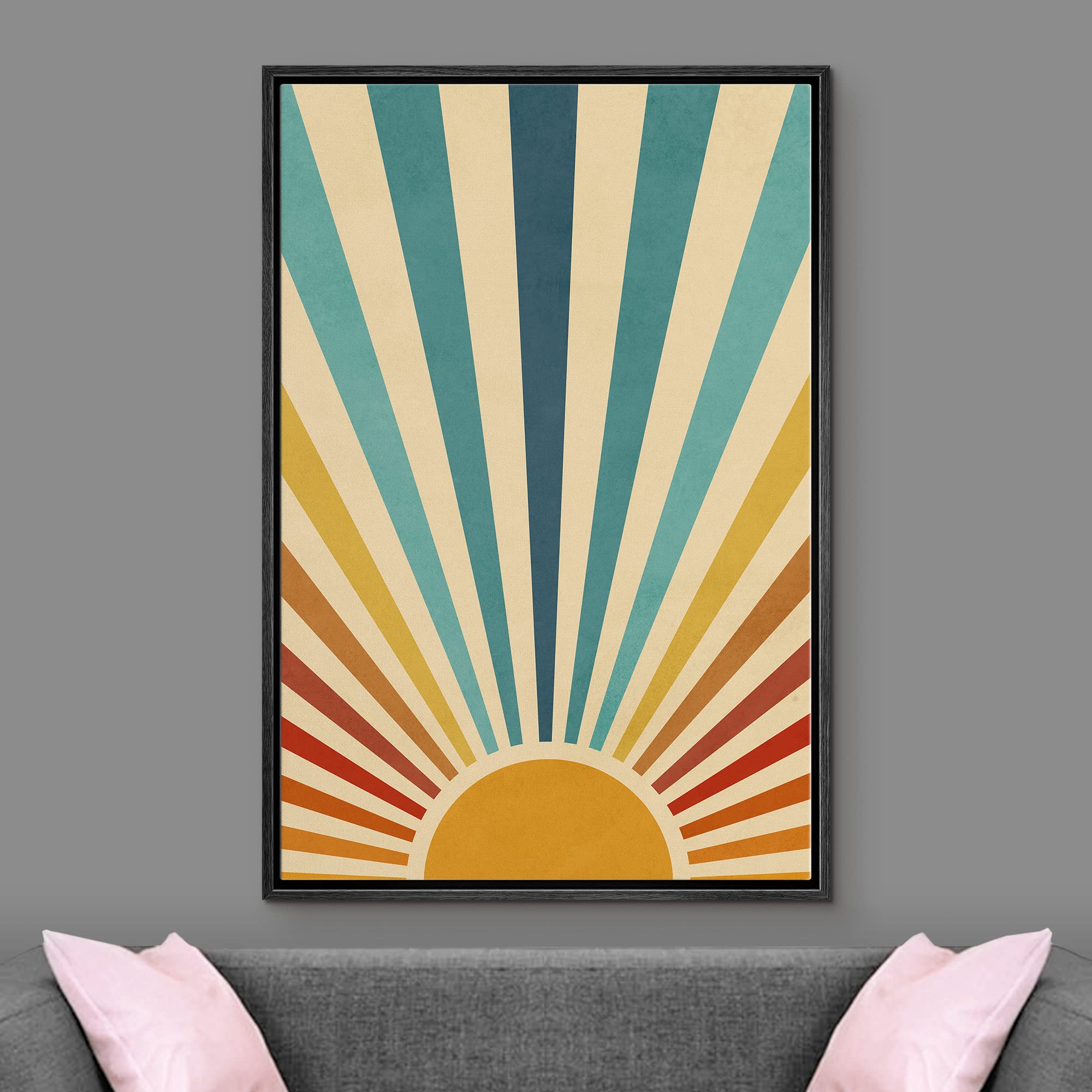 Ashbrook Framed Canvas Print Wall Art Sun With Blue, Red And Yellow Sunlight Rays Nature Wilderness Illustrations Modern Rustic