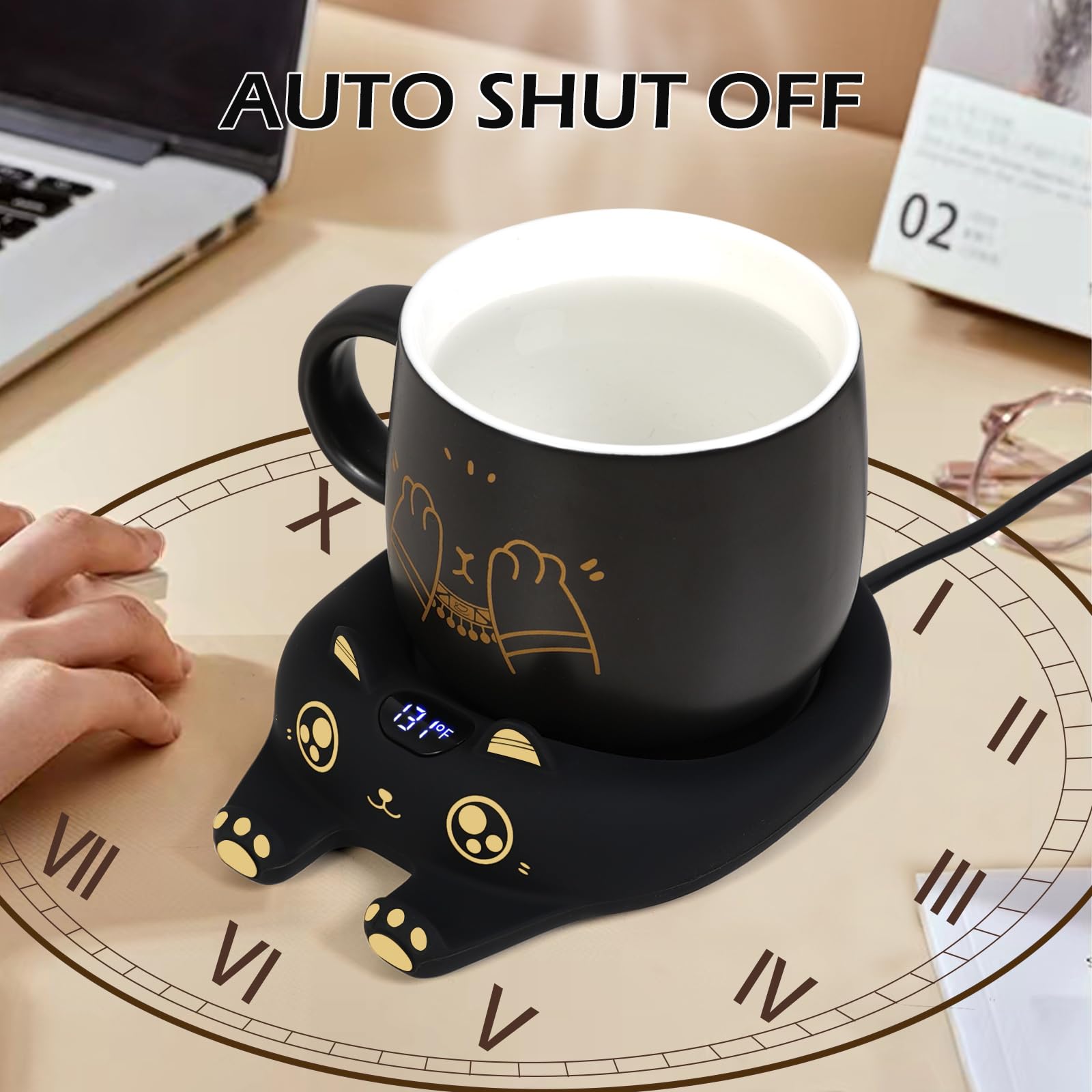 Pusee Coffee Mug Warmer & Cute Cat Mug Set, Coffee Cup Warmer For Desk With Auto Shut Off, Beverage Warmer With 3 Temp Settings,