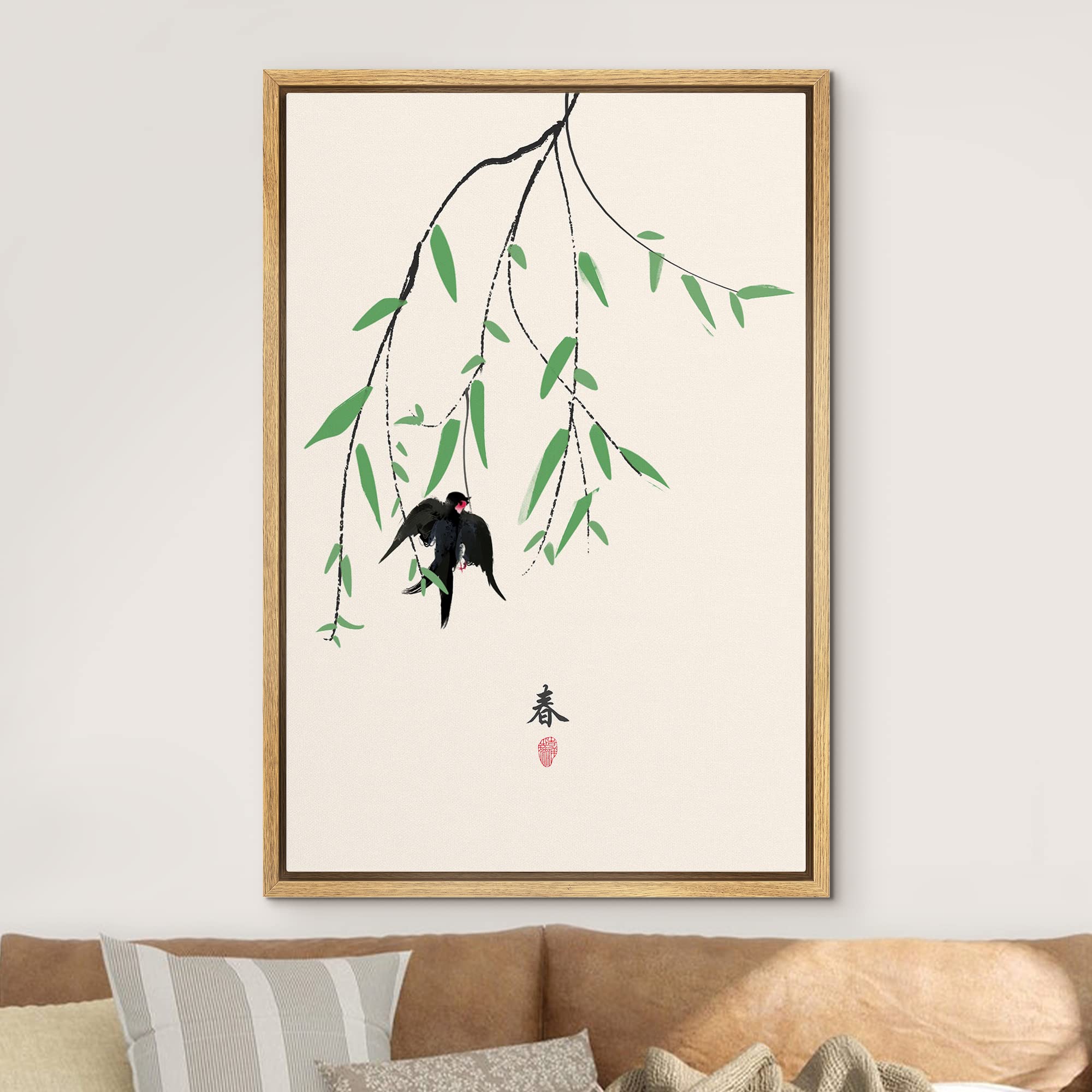 NWT Framed Canvas Print Wall Art Japanese Style Blackbird in Green Branch Birds Wildlife Illustrations Modern Art Rustic Scenic Colorful Pastel for Living Room  Bedroom  Office - 24''x36'' Natural