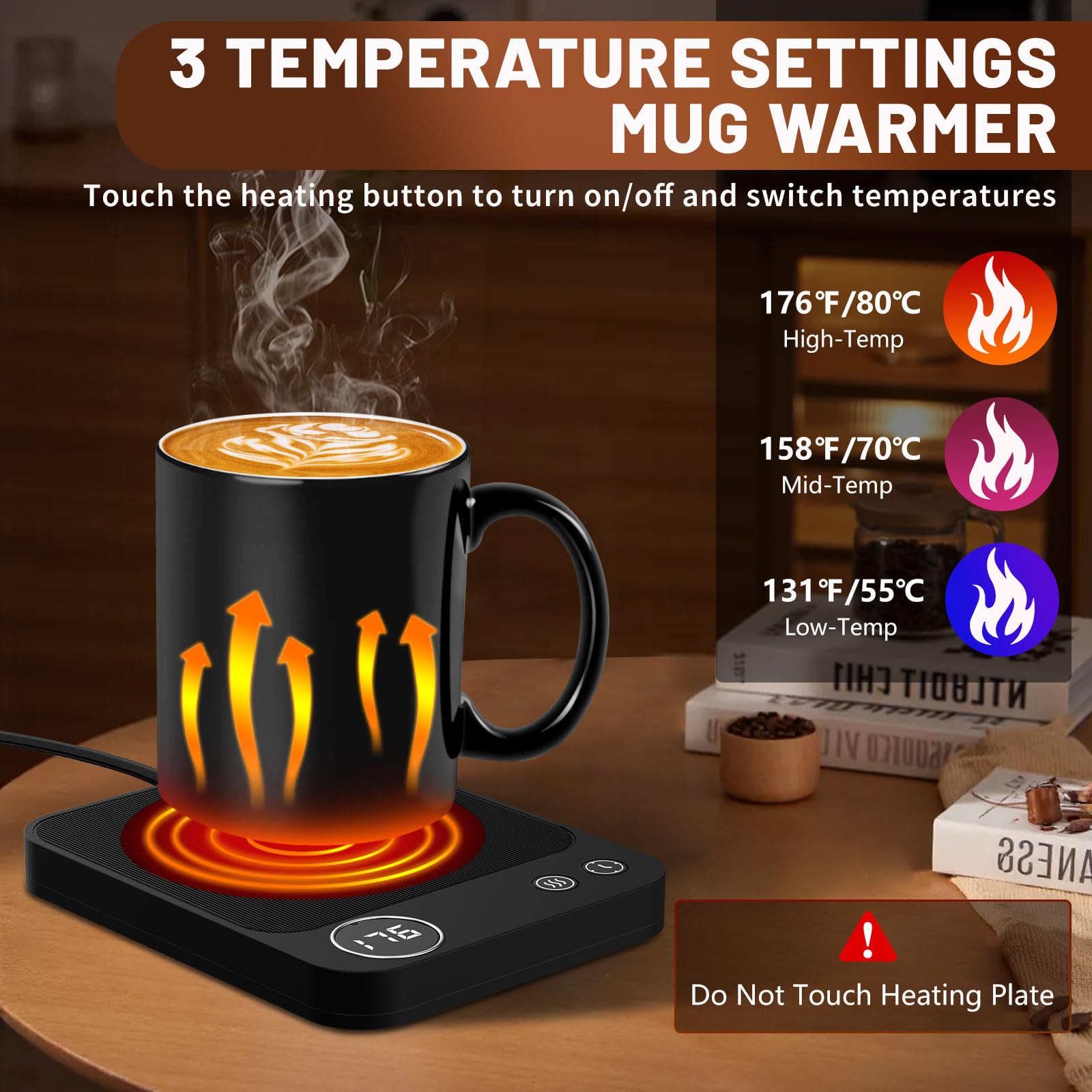 Wenvinda Mug Warmer - 3-Temperature Electric Coffee Warmer with Auto Shut Off, Digital Display, Black, Model K