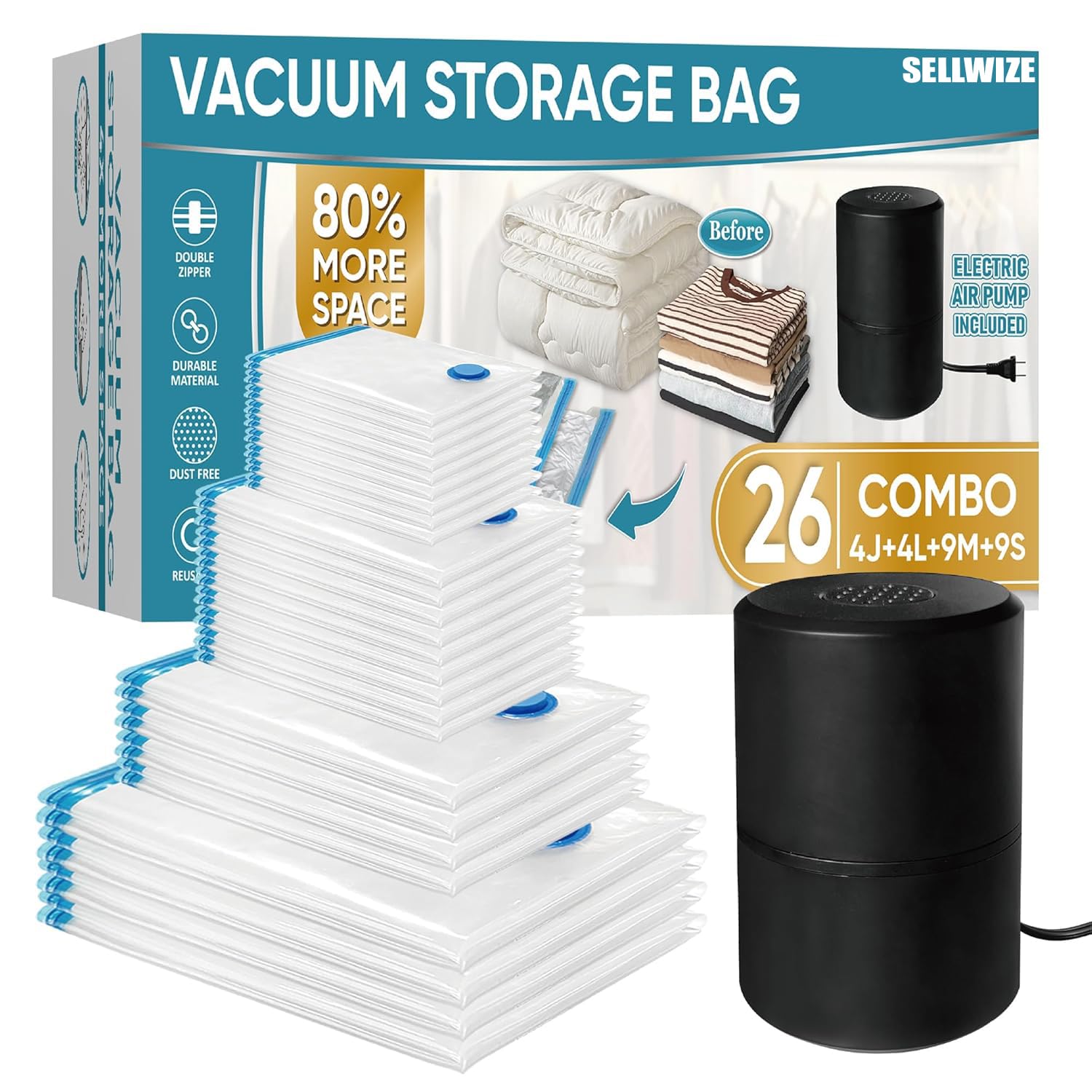 Sellwize Vacuum Storage Bags With Electric Pump, 26 Pack (4 Jumbo/4 Large/9 Medium/9 Small), Space Saver Bags With Pump, Storage