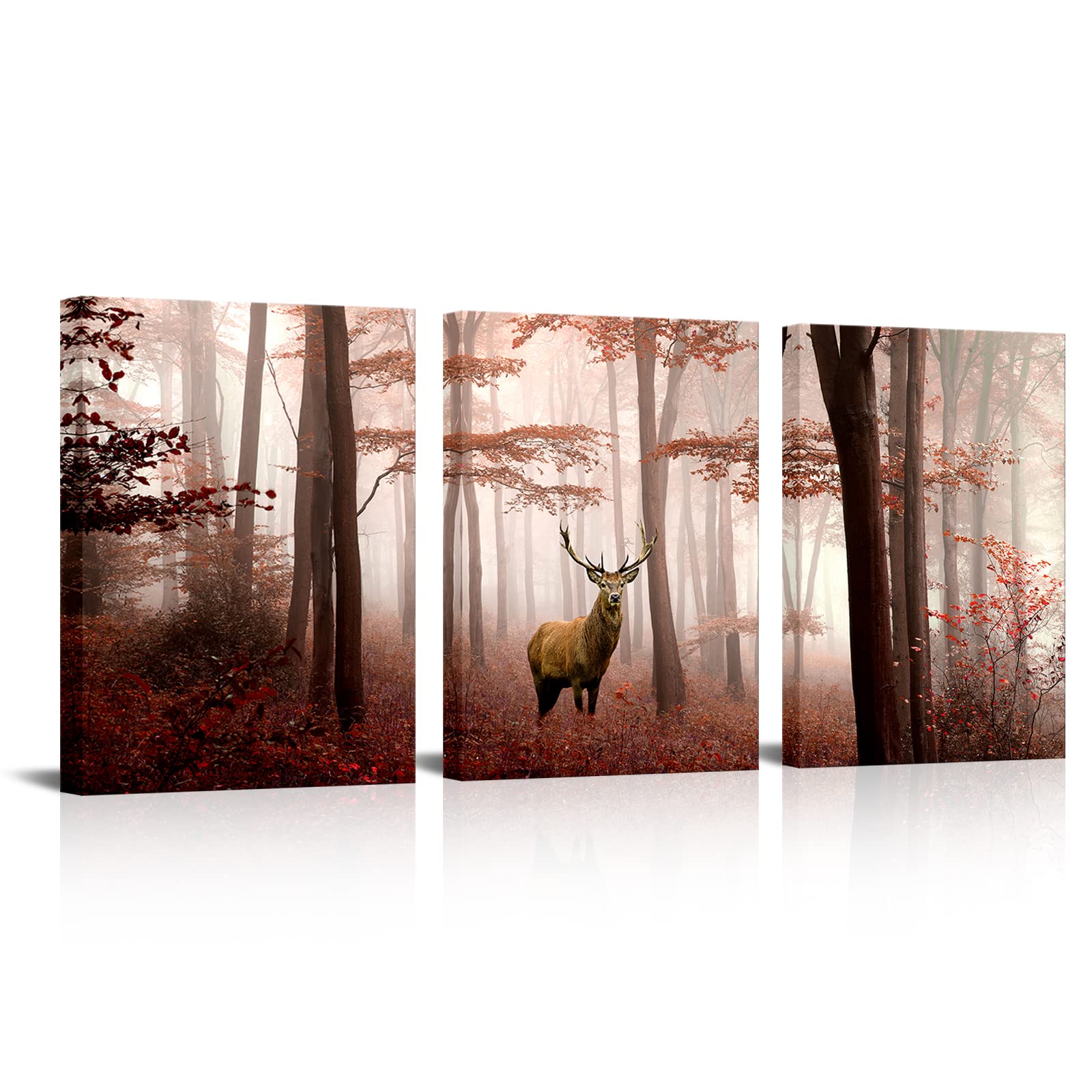 Visual Art Decor Deer In Red Autumn Foggy Forest Picture Elk Decor Canvas Prints For Farm Decor Farmhouse Living Room Bedroom Wa