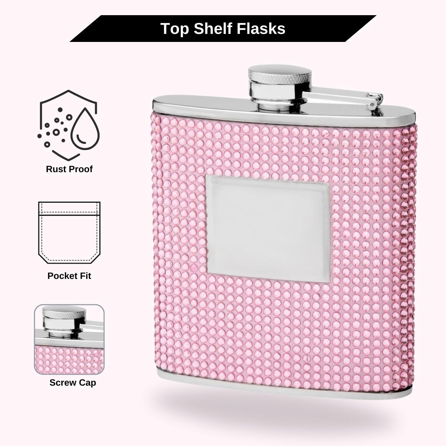 Hip Flask Holding 6 Oz - Beaded Rhinestone Design - Pocket Size Stainless Steel Rustproof Screw-On Cap