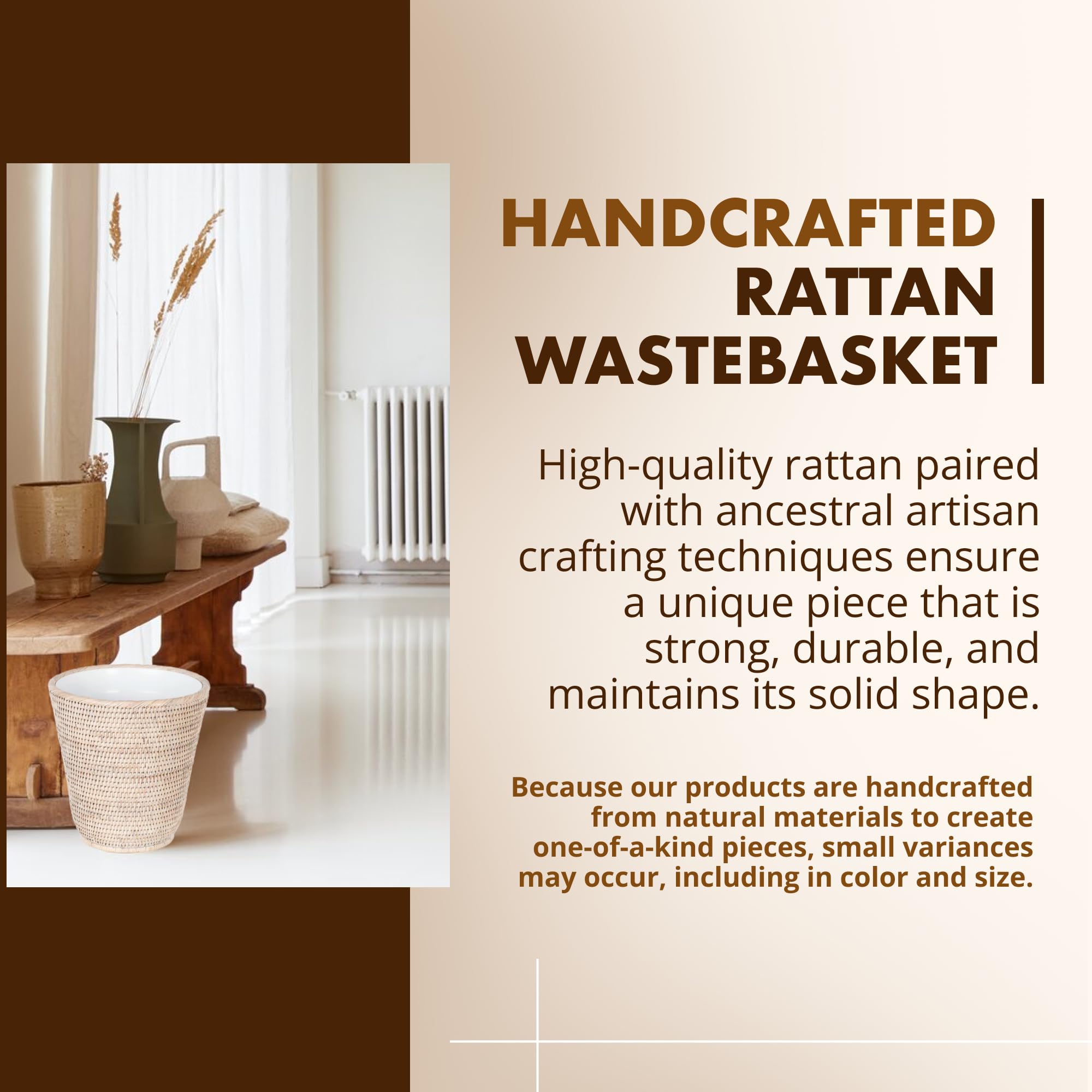 Kouboo La Jolla Rattan Wastebasket With Plastic Insert, Handmade, Trash Can, Small Wastebasket, Bedroom, Bathroom, Vanity, Rv, D