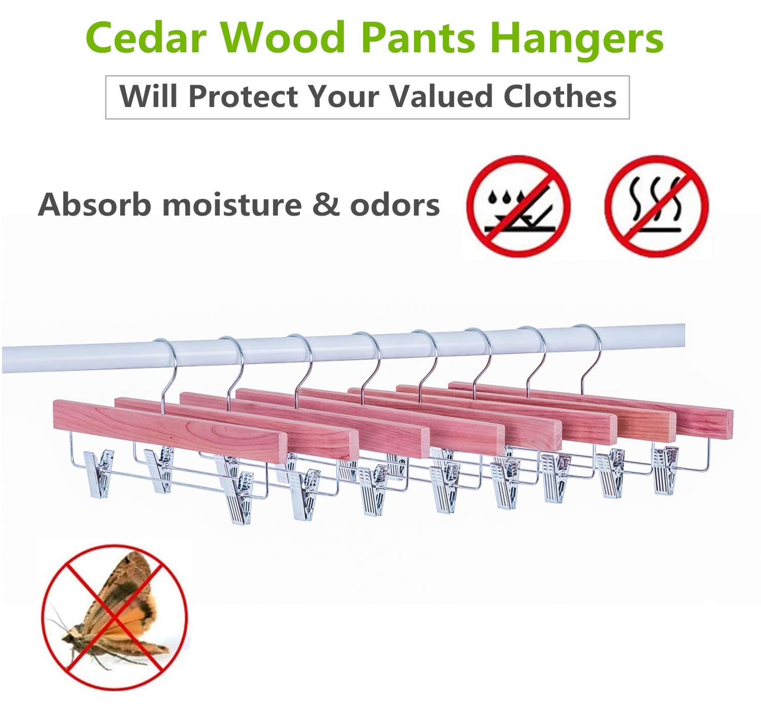 Amber Home American Red Cedar Wood Pants Hangers 12 Pack, Natural Cedar Wooden Slacks Skirts Hangers With 2-Adjustable Clips, Bo
