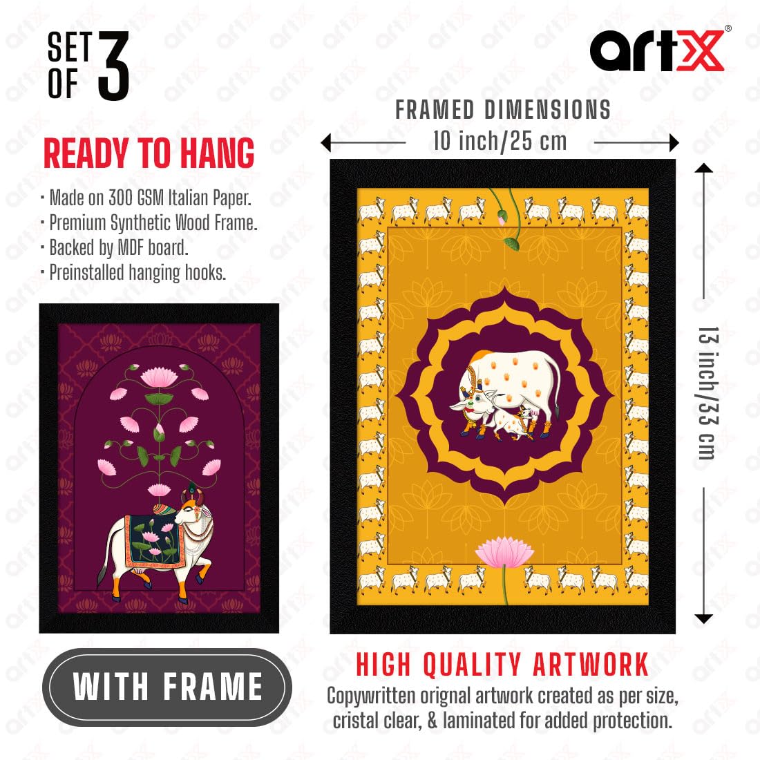 Artx Paper Pichwai Shrinath Ji Cow With Calf Framed Wall Art Painting For Bedroom, Wall Painting For Living Room, 10.0 X 13.0 In