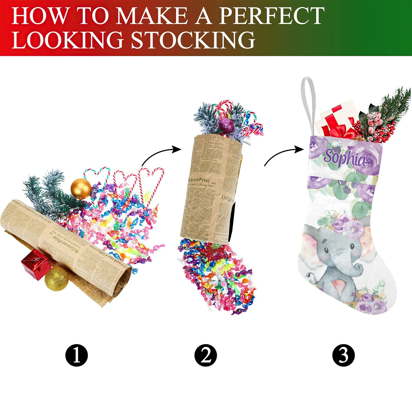 Personalized Purple Floral Elephant Custom Family Xmas Stockings with Name for Home Christmas Party Ornaments Decoration17.52 x