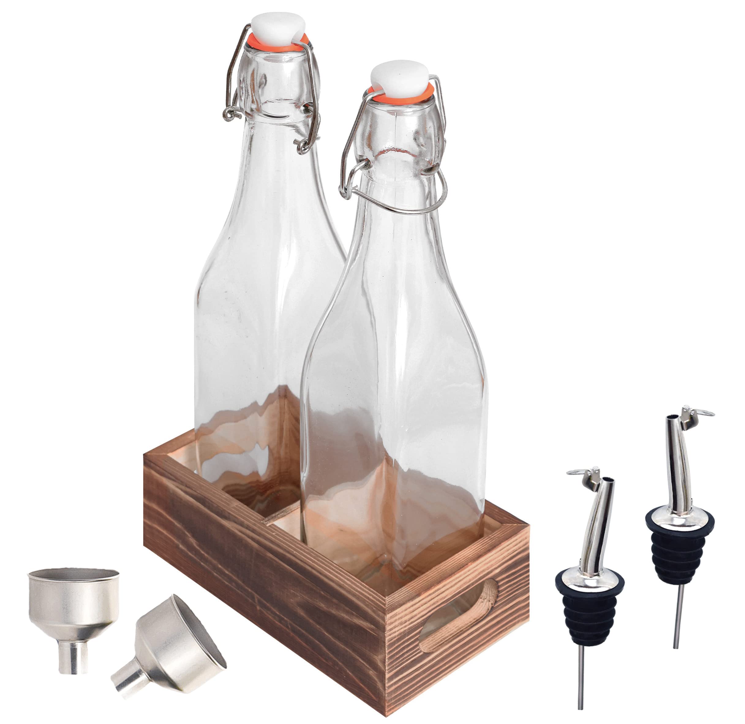 Cb Accessories Glass Bottle Set Of 2-17Oz With Flip Top Airtight Lid, Pourer And Funnel - Reusable Swing Top Stoppers And Leak P