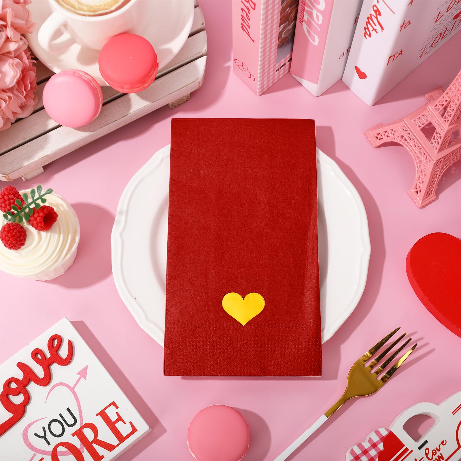 Jarthenaamcs Valentine'S Day Paper Guest Napkin Gold Foil Heart 3 Ply Disposable Napkin Red Dinner Hand Napkin Towel For Party S