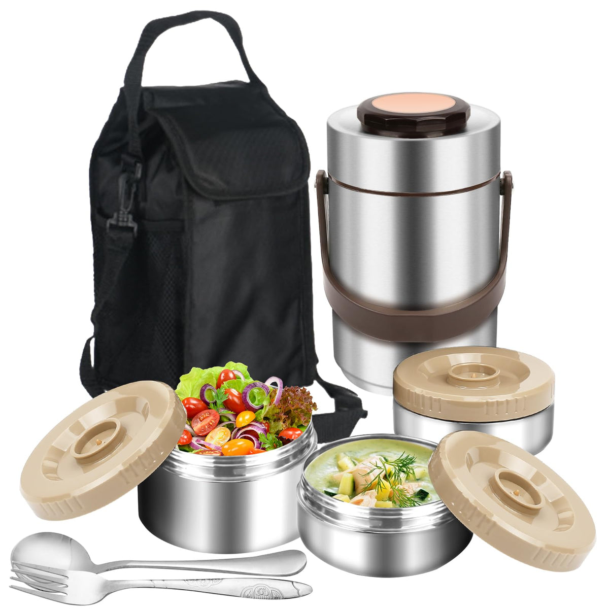 Ssawcasa Thermos For Hot Food, 3 Layered Stackable 67Oz Insulated Lunch Box, Large Soup Thermos Jar With Lunch Bag Spoon Fork, S