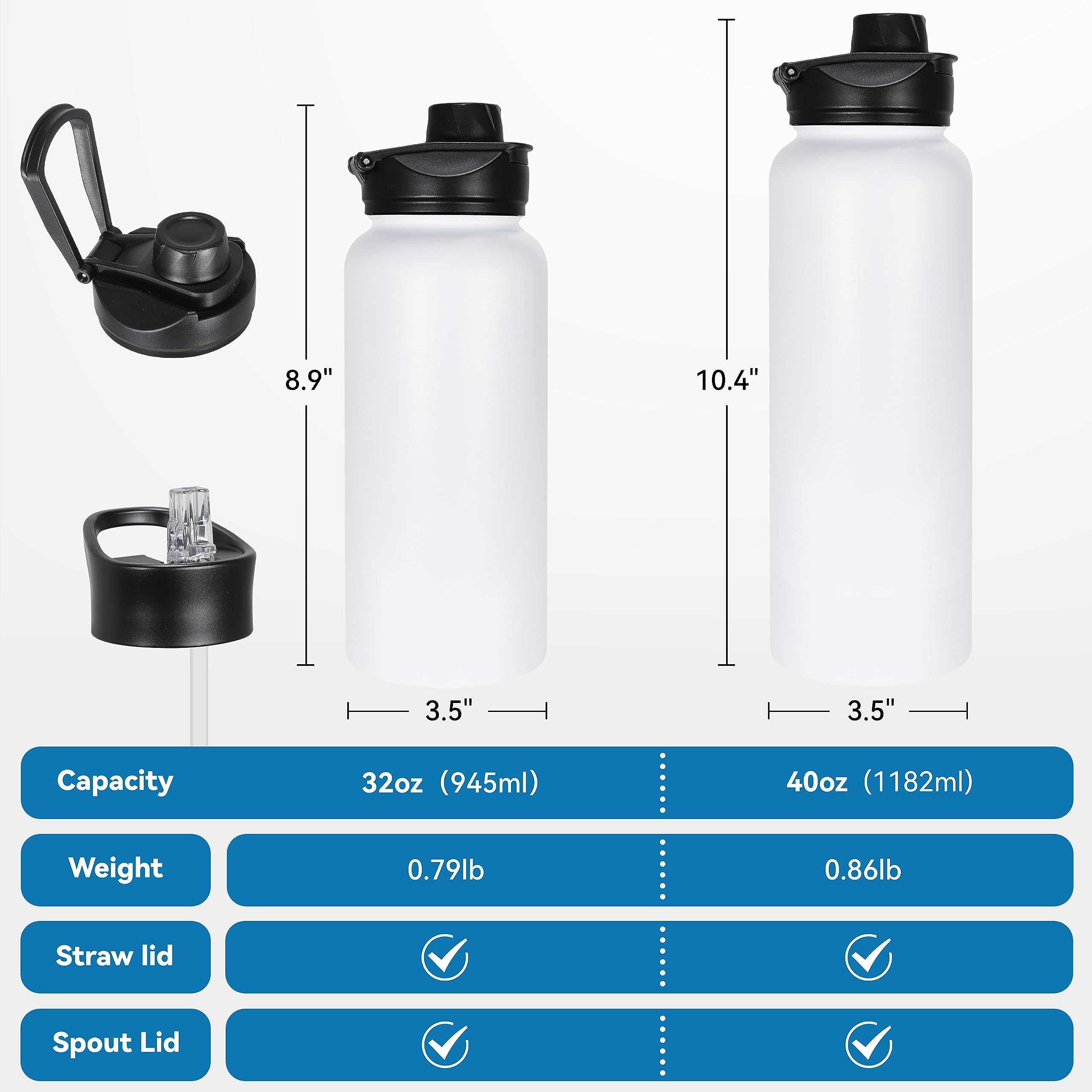 Vegond 32 Oz Insulated Water Bottle Stainless Steel Metal Water Bottles With Leak Proof Straw Lid & Spout Lid, Wide Mouth Double