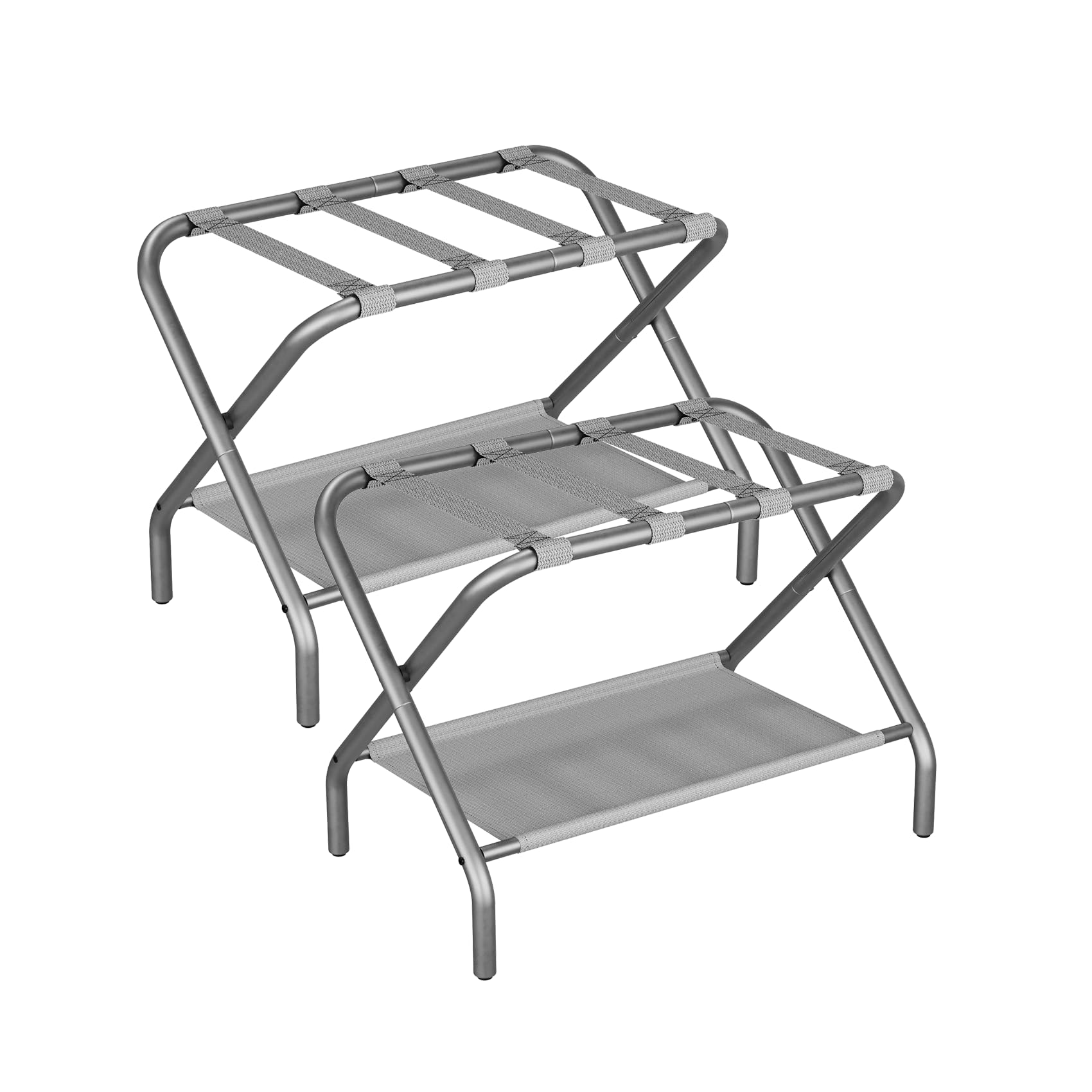 Smuxee Copper Luggage Rack Pack Of 2, Foldable Suitcase Stand With Fabric Storage Shelf, Luggage Holder With 4 Nylon Straps For