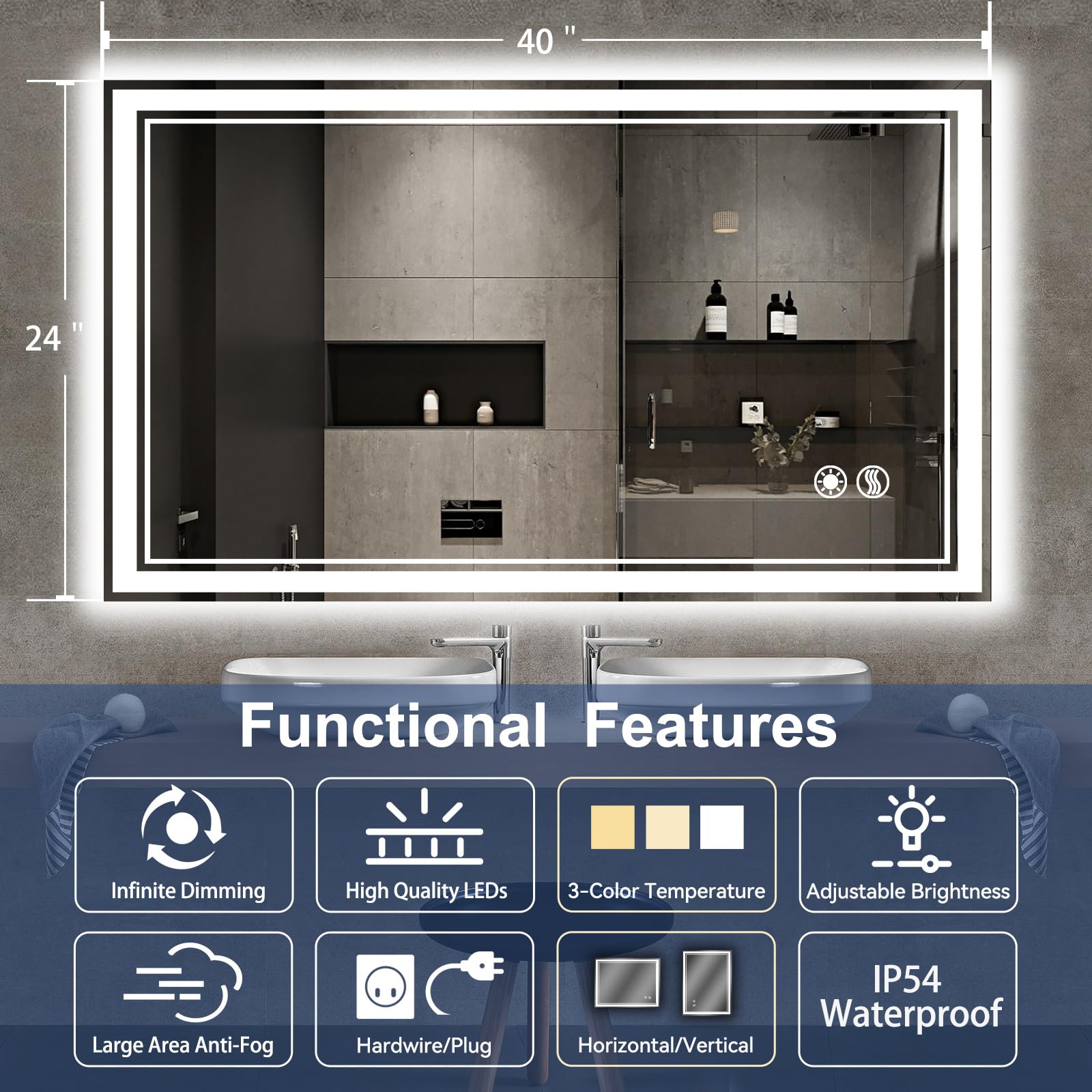 40 X 24    Led Bathroom Mirror Bathroom Mirror With Lights Front And Backlit Cri 90+ Led Mirror For Bathroom Anti-Fog Dimmable 3